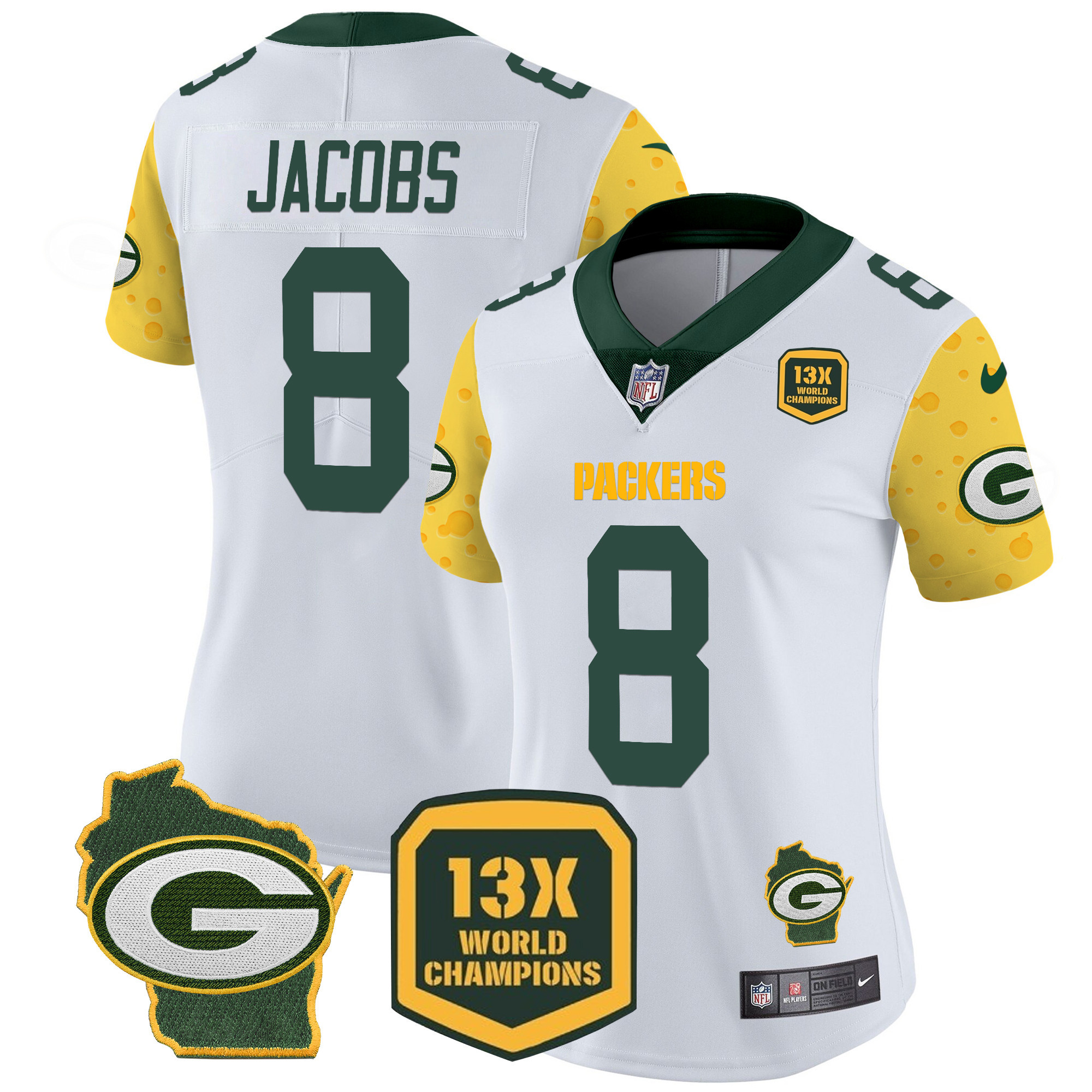 Women's Josh Jacobs Green Bay Packers Cheese Vapor Limited White Jersey â€“ All Stitched