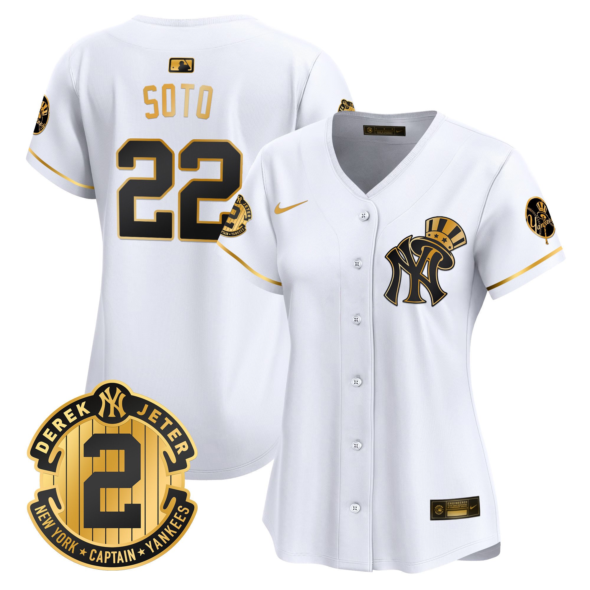 Women's Juan Soto New York Yankees Derek Jeter Patch Vapor Premier Limited White Gold Jersey V2 - All Stitched