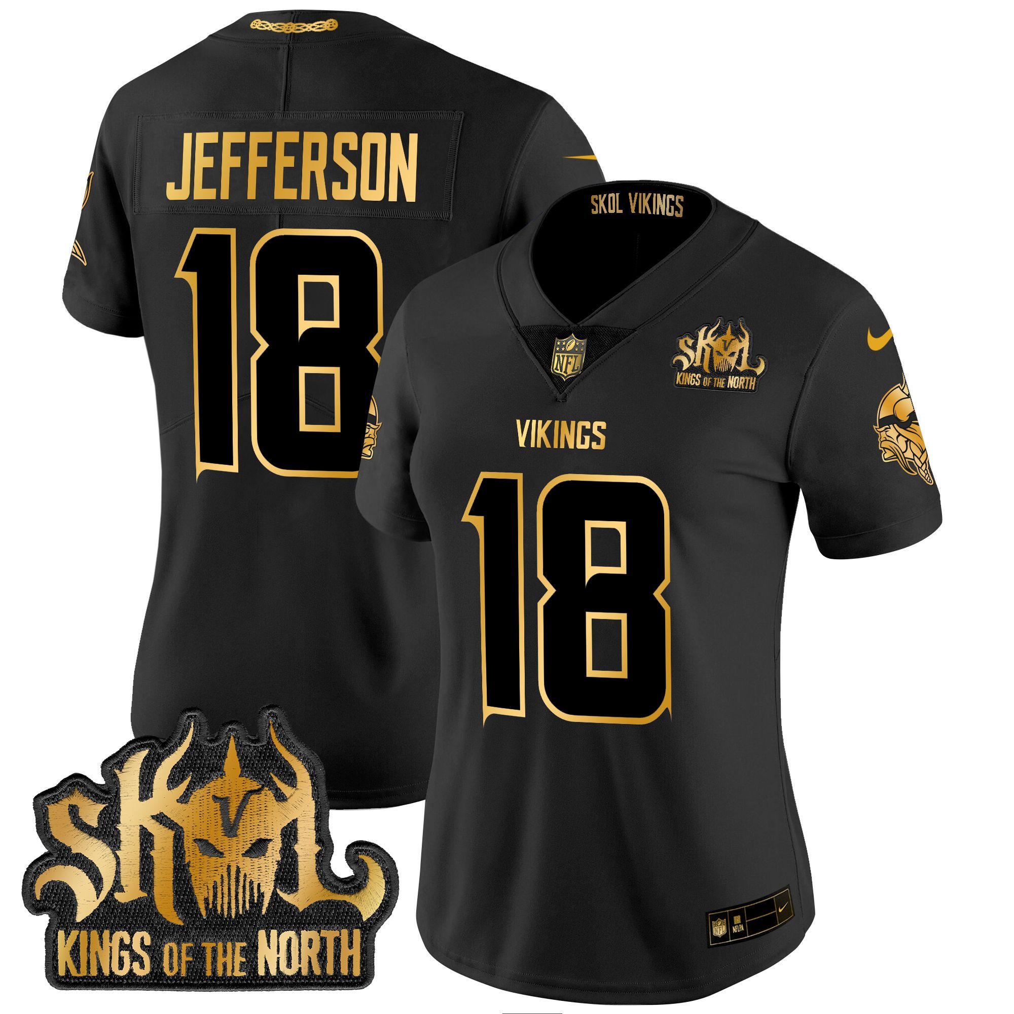Women's Justin Jefferson Minnesota Vikings 2024 Winter Warrior Skol Patch Gold Vapor Limited Black Gold Jersey - All Stitched