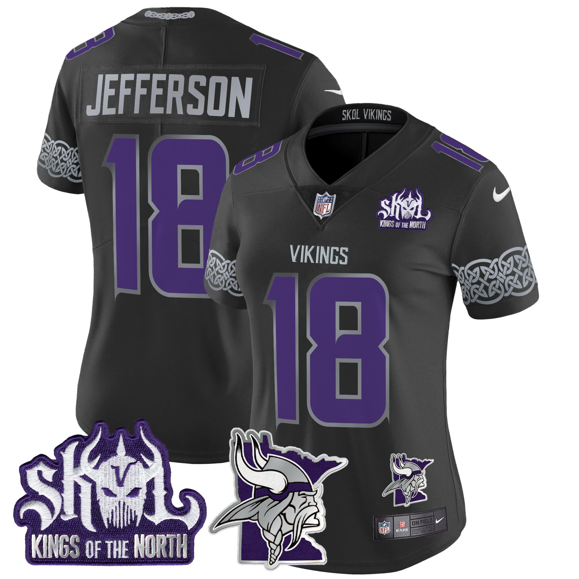 Women's Justin Jefferson Minnesota Vikings 2024 Winter Warrior Skol Patch Vapor Limited Black Jersey V2 - All Stitched