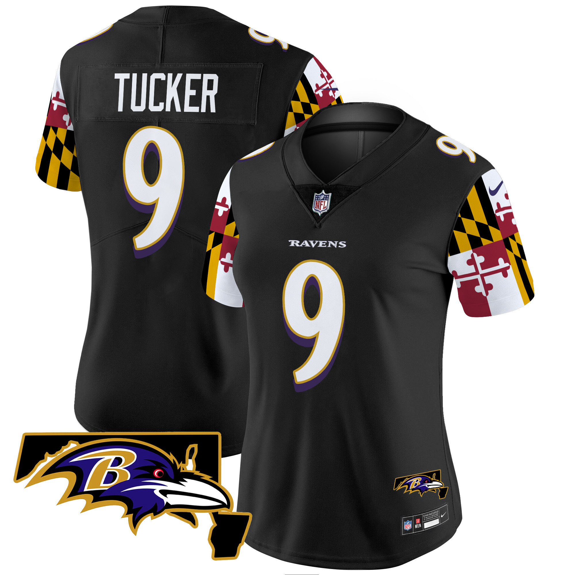 Women's Justin Tucker Baltimore Ravens Maryland Flag Vapor Limited Black Jersey V2 - All Stitched