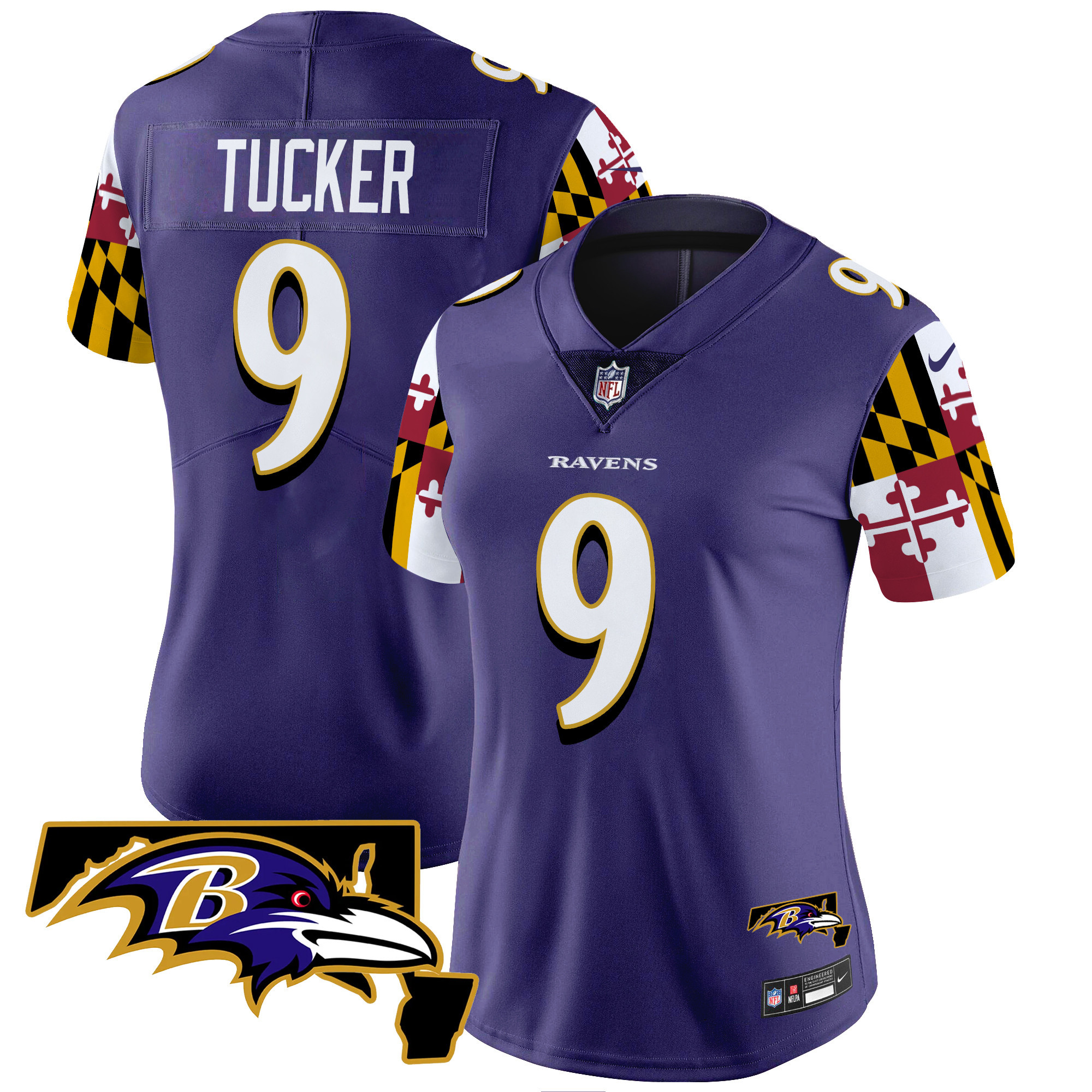 Women's Justin Tucker Baltimore Ravens Maryland Flag Vapor Limited Purple Jersey V2 - All Stitched