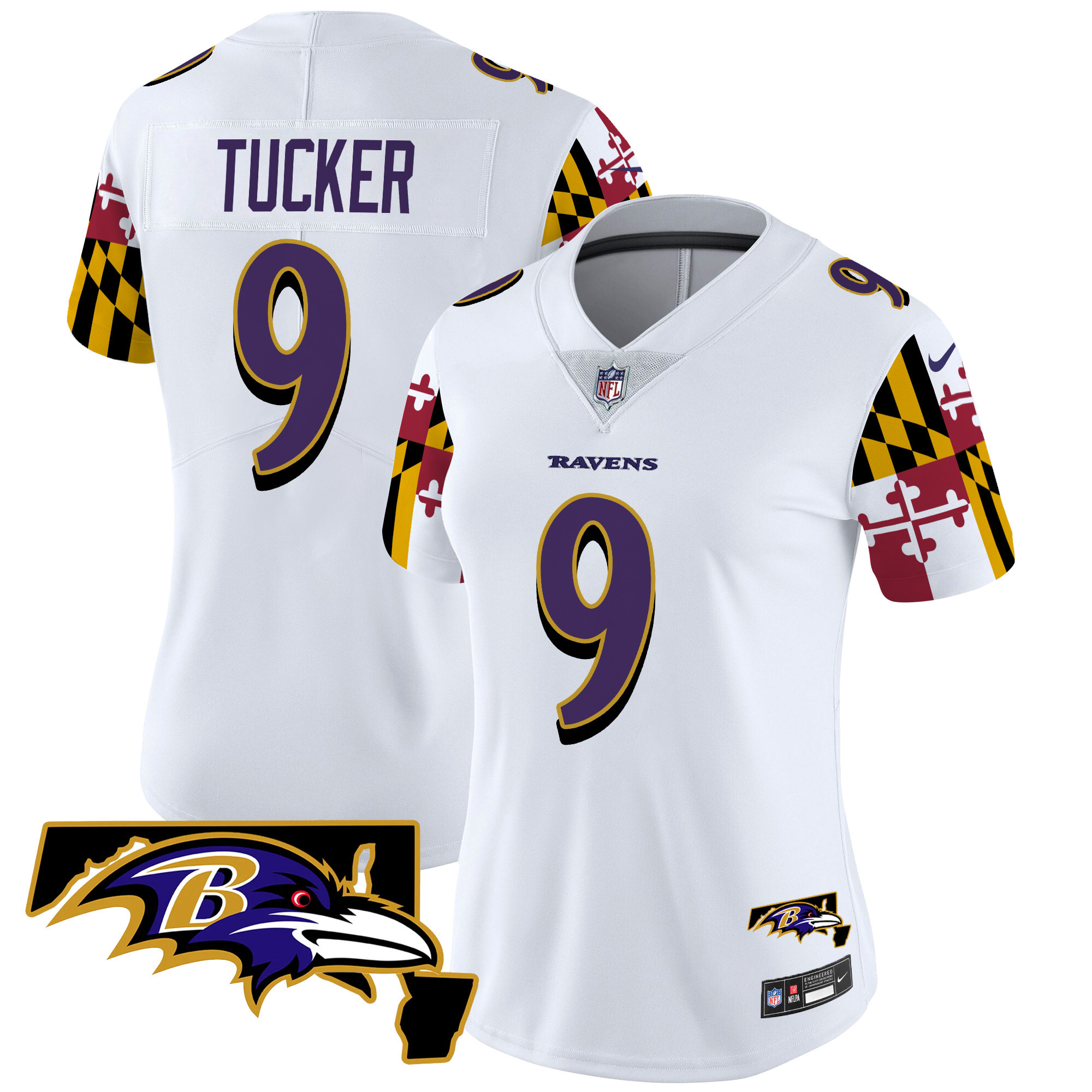 Women's Justin Tucker Baltimore Ravens Maryland Flag Vapor Limited White Jersey V2 - All Stitched