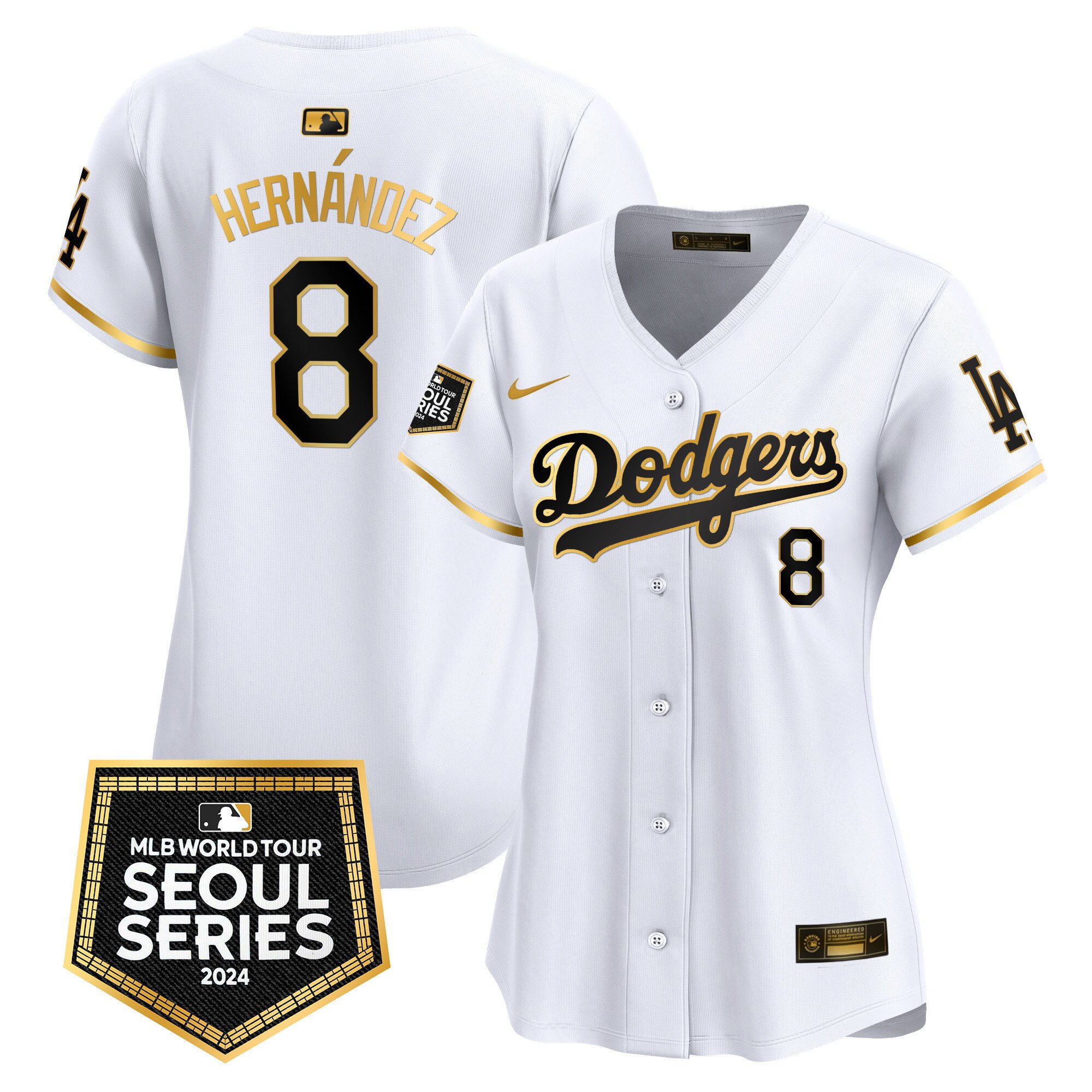Women's Kike Hernandez Los Angeles Dodgers 2024 World Tour Seoul Series Patch Vapor Premier Limited White Gold Jersey - All Stitched