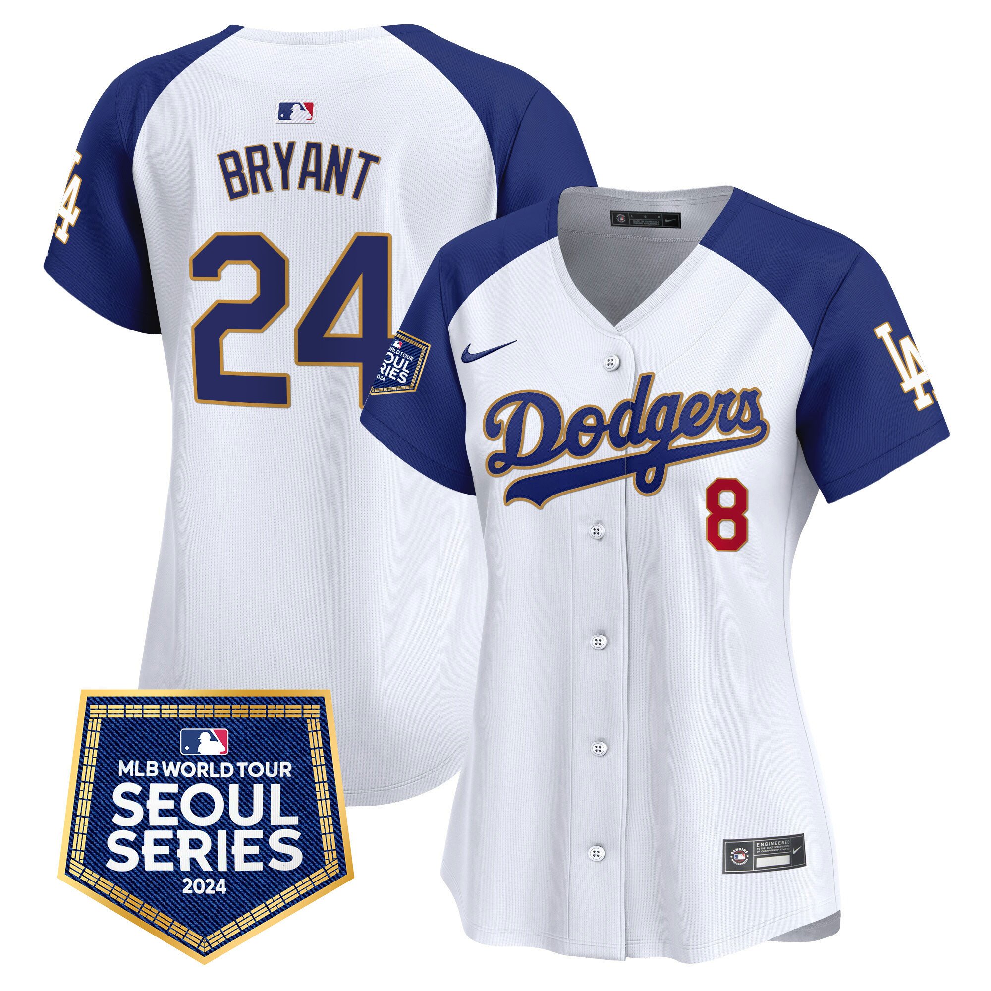 Women's Kobe Bryant Los Angeles Dodgers 2024 World Tour Seoul Series Patch Vapor Premier Limited White Alternate Jersey - All Stitched
