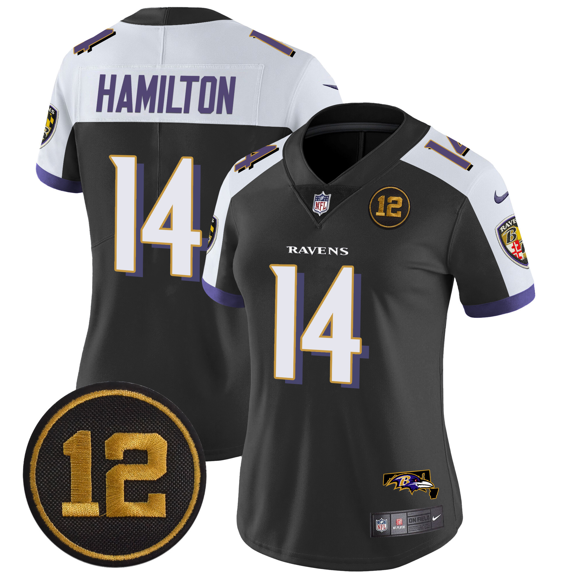 Women's Kyle Hamilton Baltimore Ravens Jacoby Jones Patch Vapor Limited Black Alternate Jersey - All Stitched