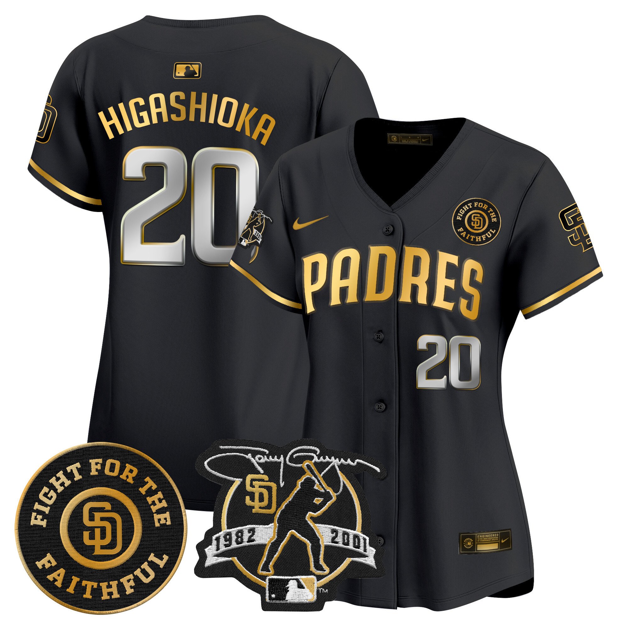 Women's Kyle Higashioka San Diego Padres Tony Gwynn & Faithful Patch Vapor Premier Limited Black Gold Jersey Ã± All Stitched