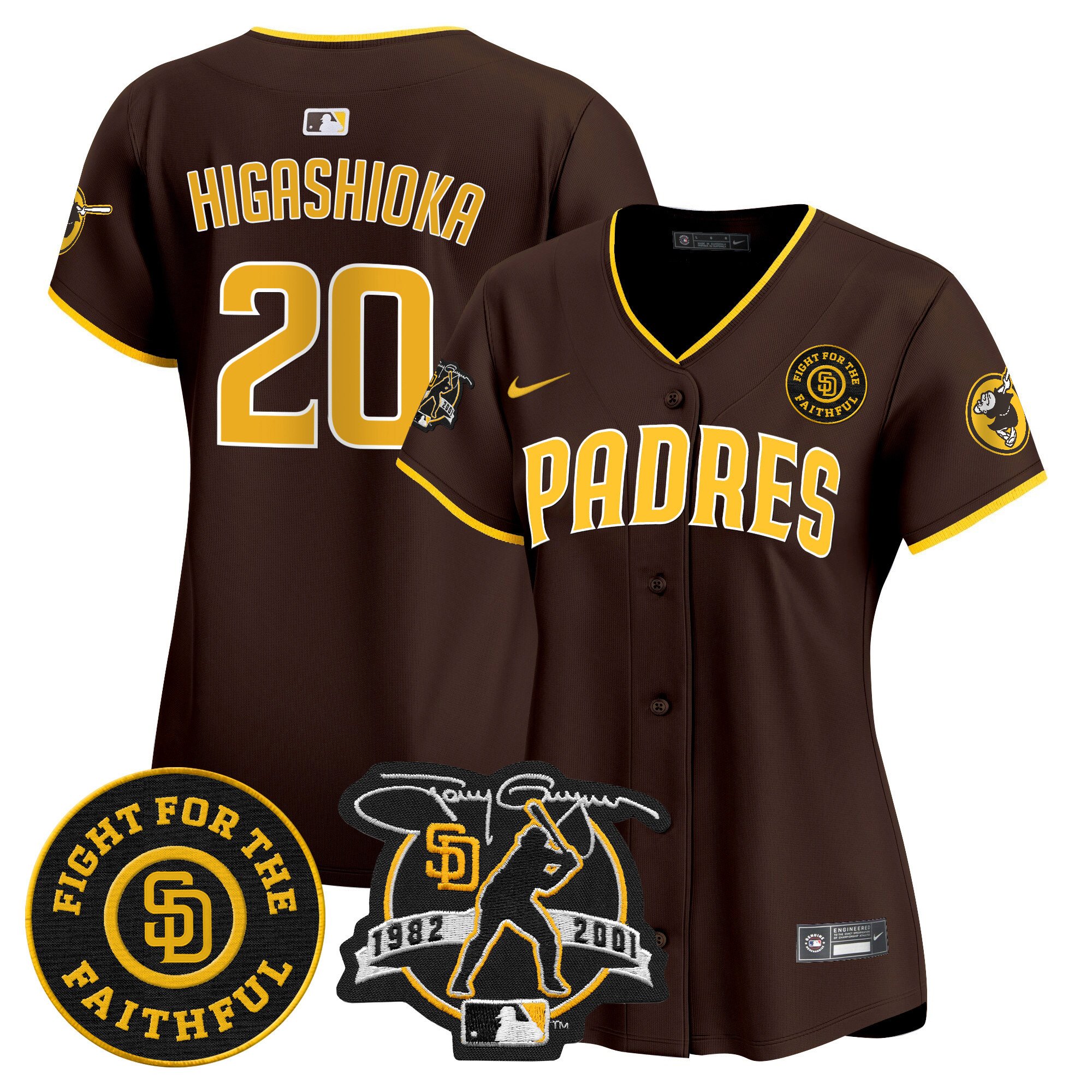 Women's Kyle Higashioka San Diego Padres Tony Gwynn & Faithful Patch Vapor Premier Limited Brown Jersey Ã± All Stitched