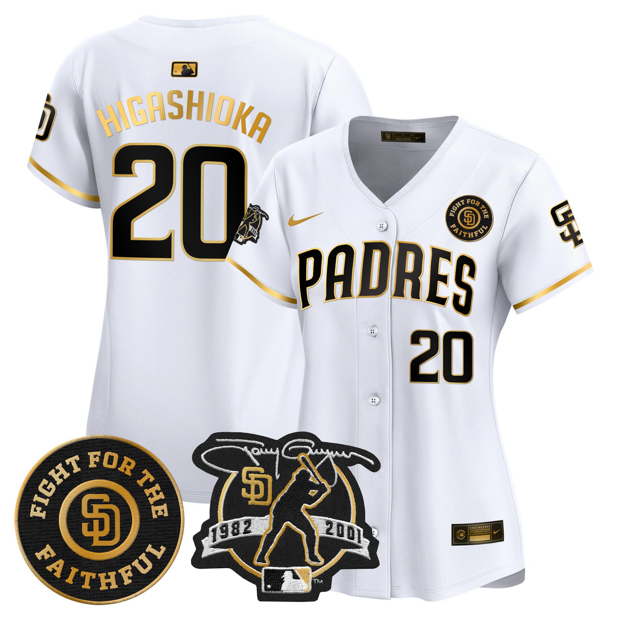 Women's Kyle Higashioka San Diego Padres Tony Gwynn & Faithful Patch Vapor Premier Limited White Gold Jersey Ã± All Stitched