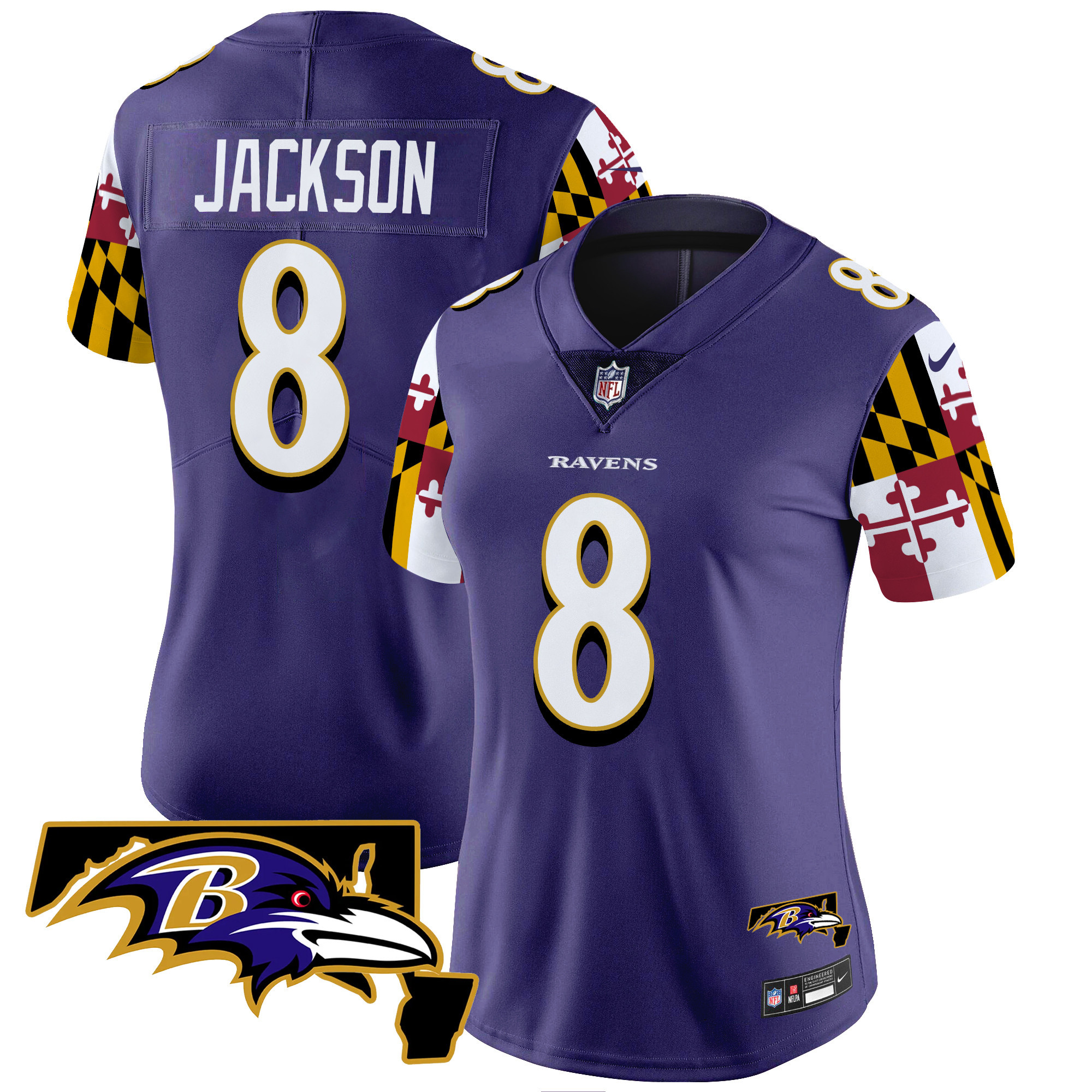 Women's Lamar Jackson Baltimore Ravens Maryland Flag Vapor Limited Purple Jersey V2 - All Stitched