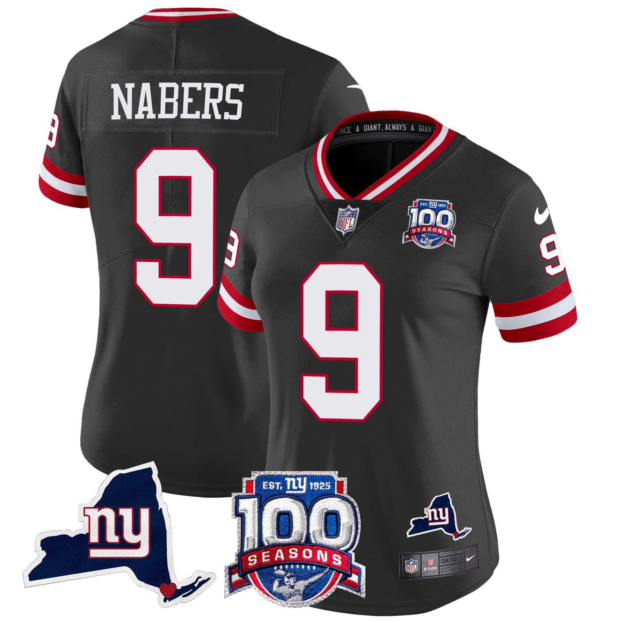 Women's Malik Nabers New York Giants 100th Season & State Patch Vapor Limited Black Jersey - All Stitched