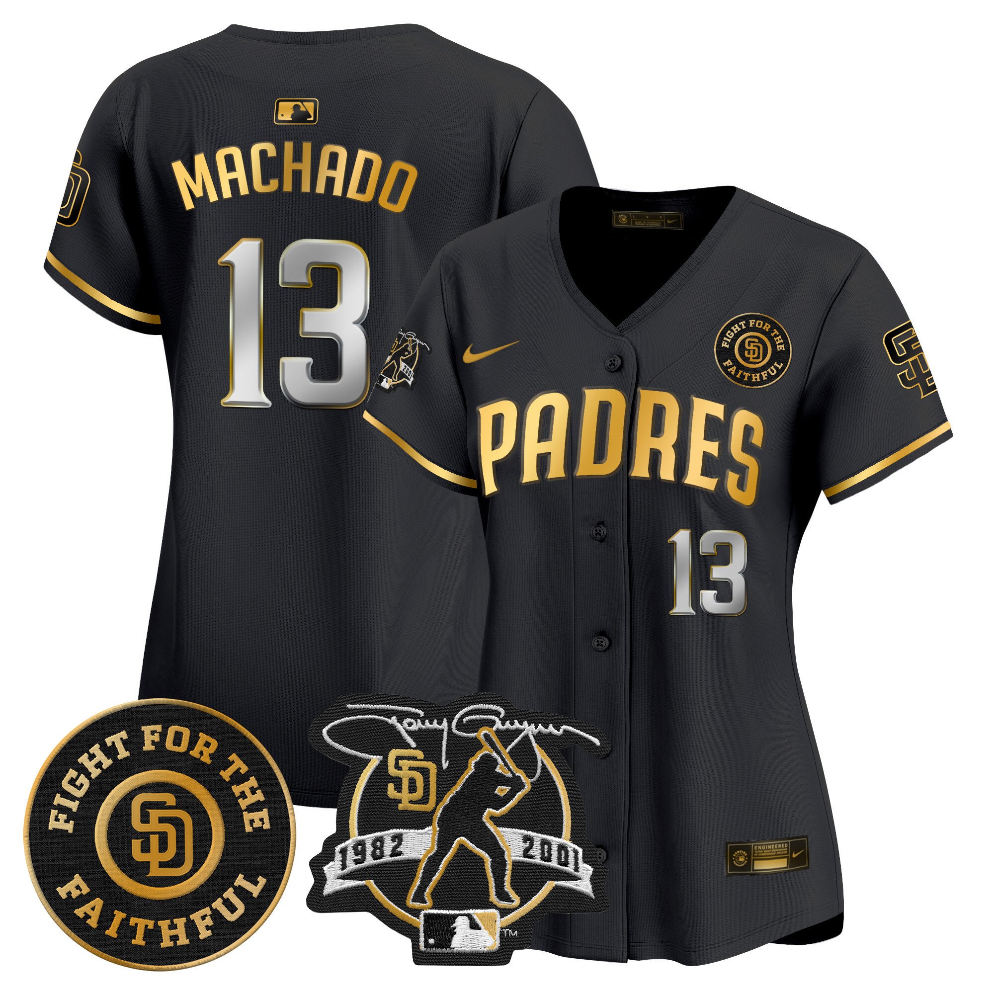Women's Manny Machado San Diego Padres Tony Gwynn & Faithful Patch Vapor Premier Limited Black Gold Jersey Ã± All Stitched