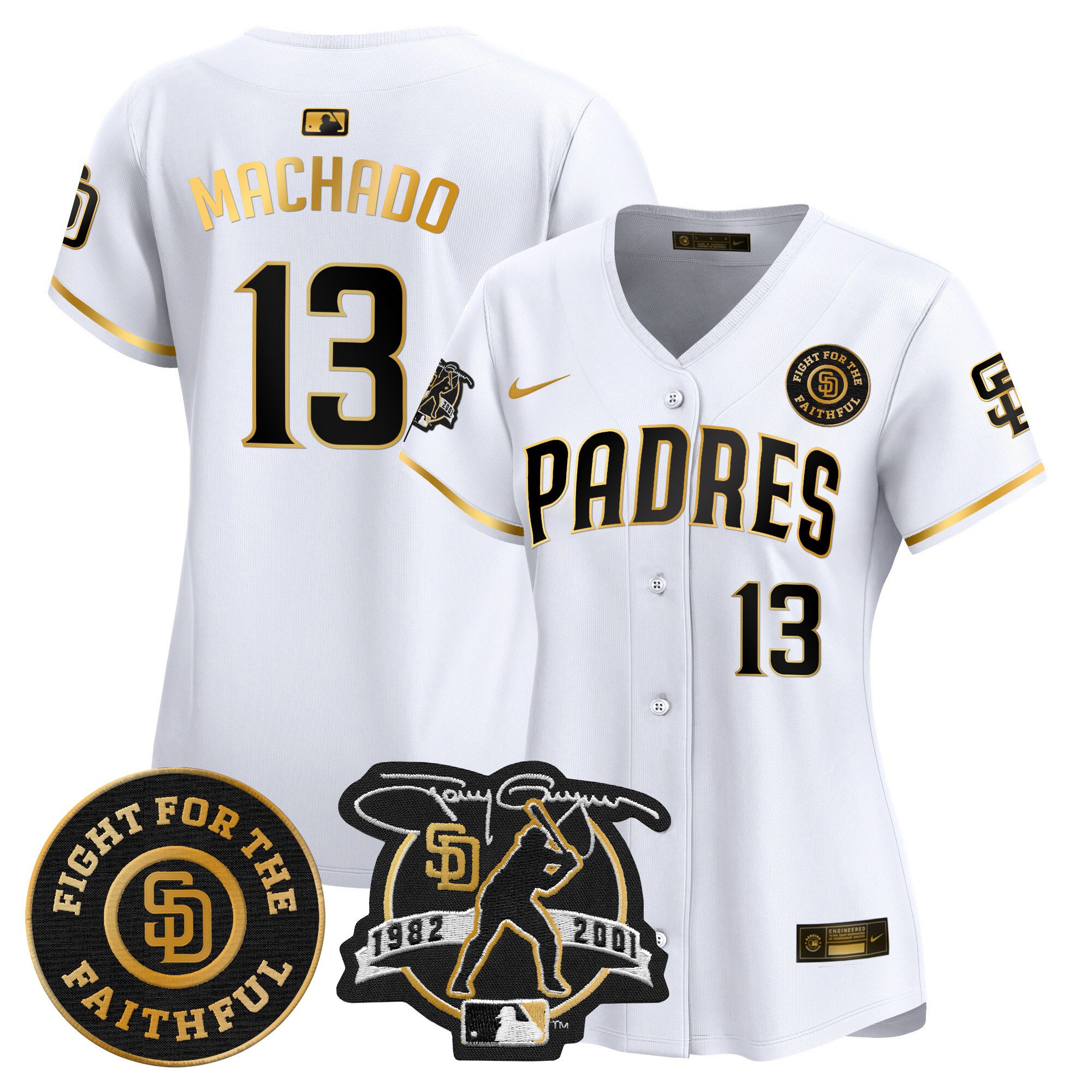 Women's Manny Machado San Diego Padres Tony Gwynn & Faithful Patch Vapor Premier Limited White Gold Jersey Ã± All Stitched