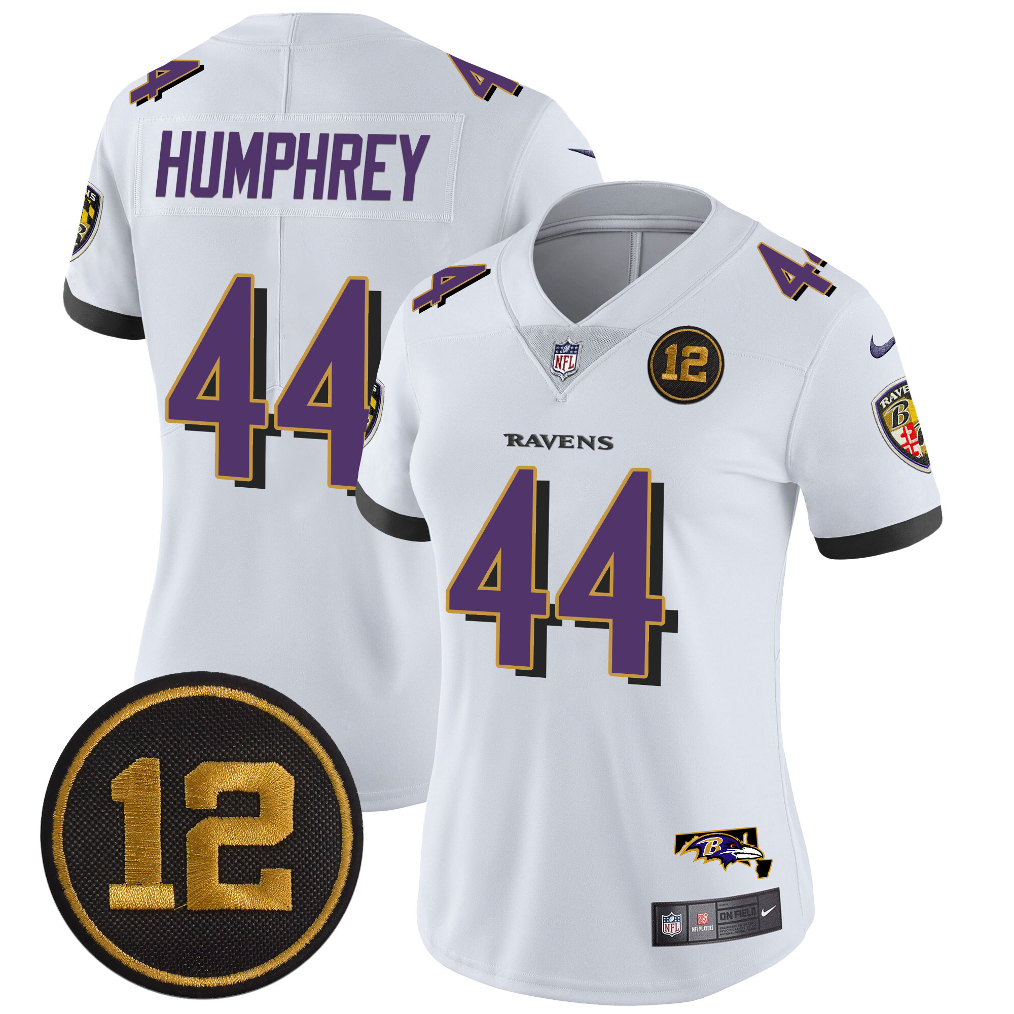 Women's Marlon Humphrey Baltimore Ravens Jacoby Jones Patch Vapor Limited White Jersey - All Stitched