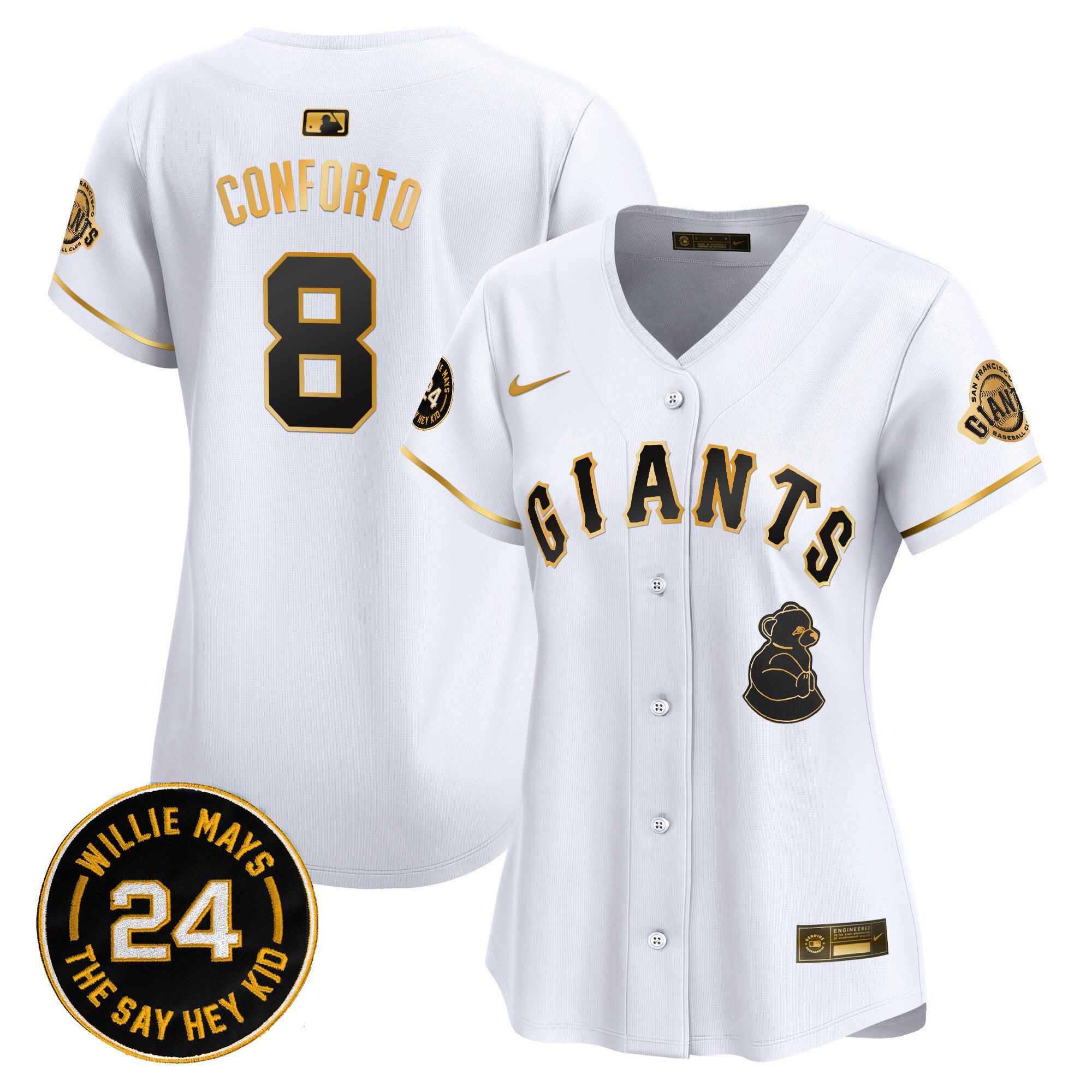 Women's Michael Conforto San Francisco Giants 2024 Willie Mays Patch Vapor Premier Limited White Gold Jersey V4 - All Stitched