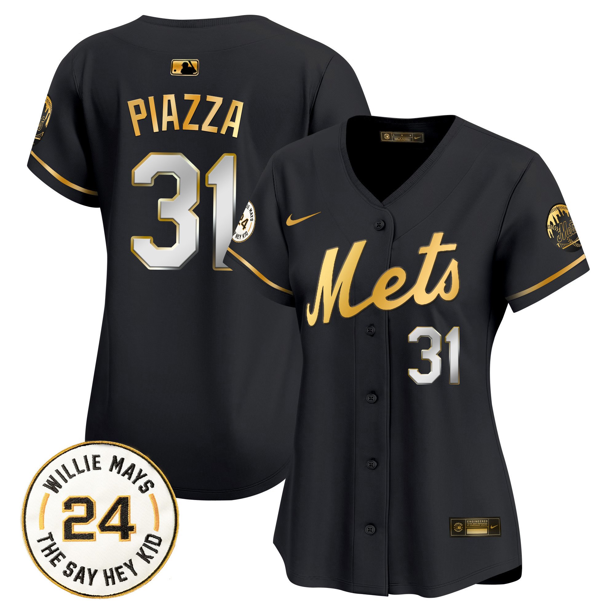Women's Mike Piazza New York Mets Willie Mays Patch Vapor Premier Limited Black Gold Jersey - All Stitched