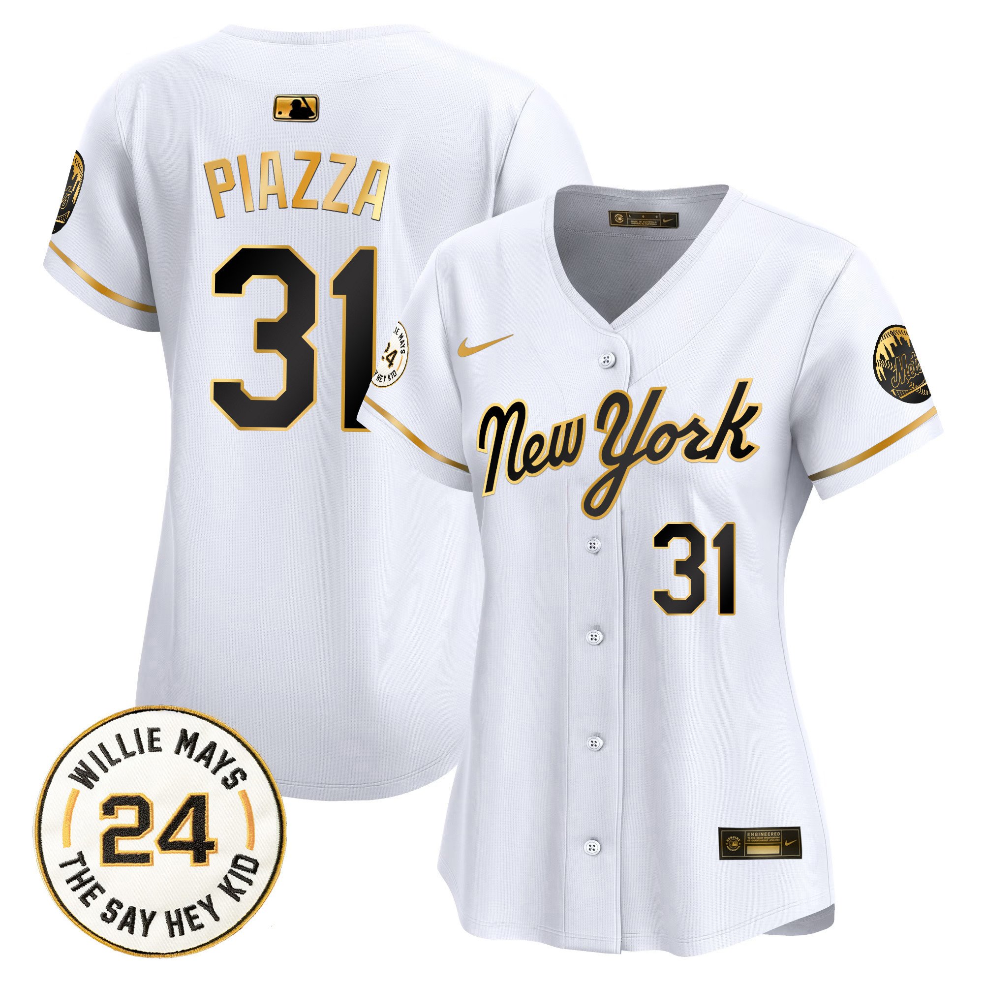 Women's Mike Piazza New York Mets Willie Mays Patch Vapor Premier Limited New York Gold Jersey - All Stitched