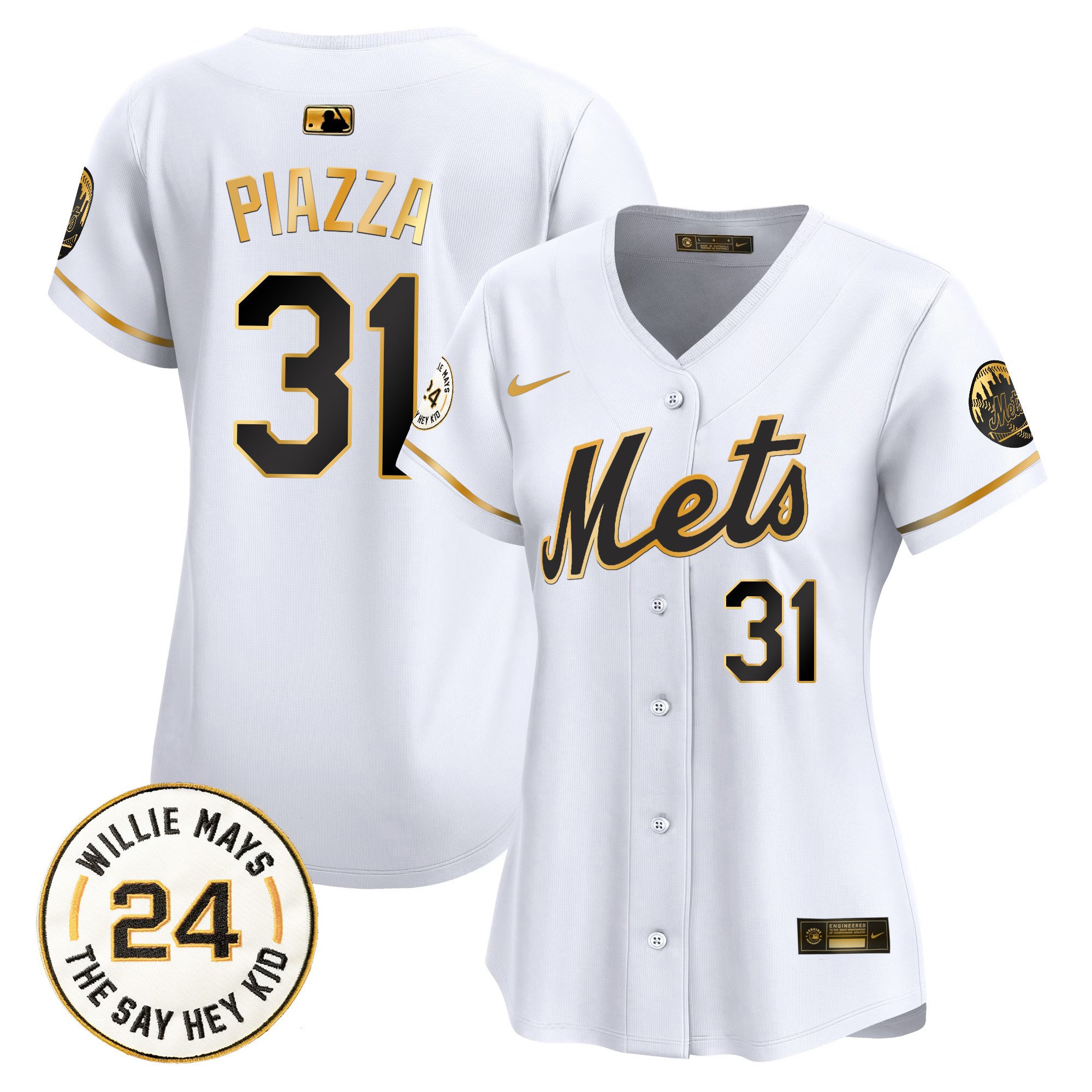 Women's Mike Piazza New York Mets Willie Mays Patch Vapor Premier Limited White Gold Jersey - All Stitched