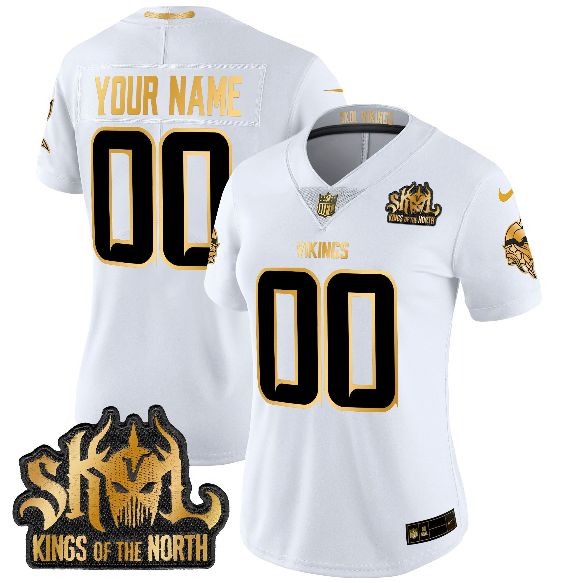 Women's Minnesota Vikings 2024 Winter Warrior Skol Patch Gold Vapor Limited Custom White Gold Jersey - All Stitched