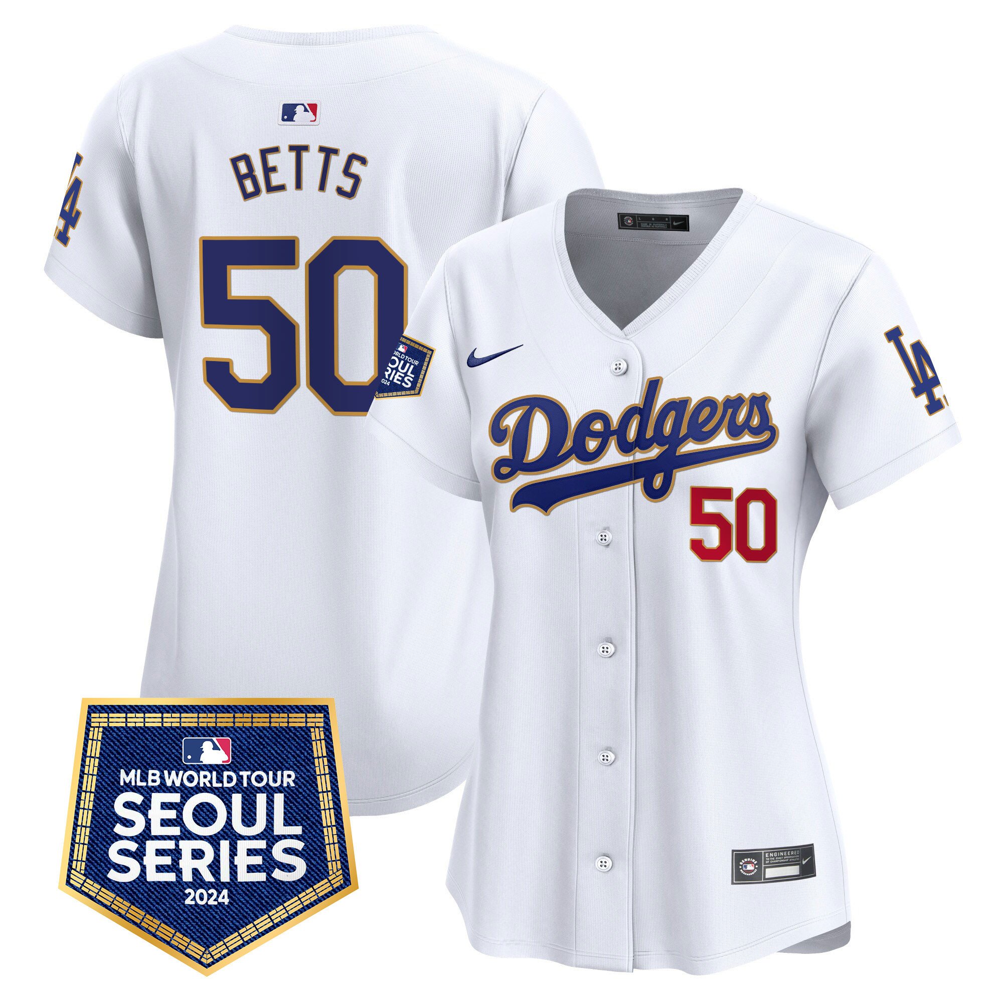 Women's Mookie Betts Los Angeles Dodgers 2024 World Tour Seoul Series Patch Vapor Premier Limited White Jersey - All Stitched