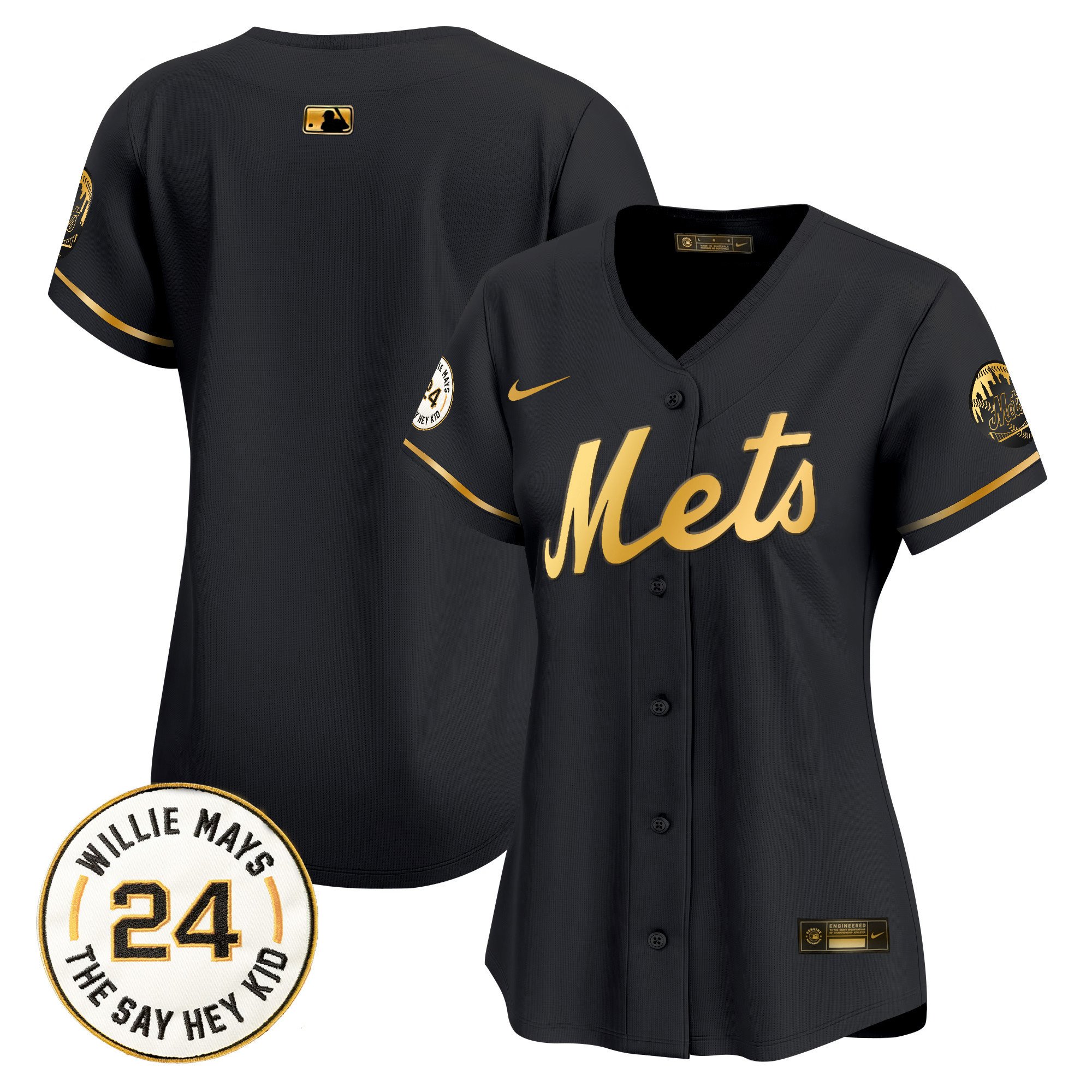 Women's New York Mets Willie Mays Patch Vapor Premier Limited Black Gold Jersey - All Stitched