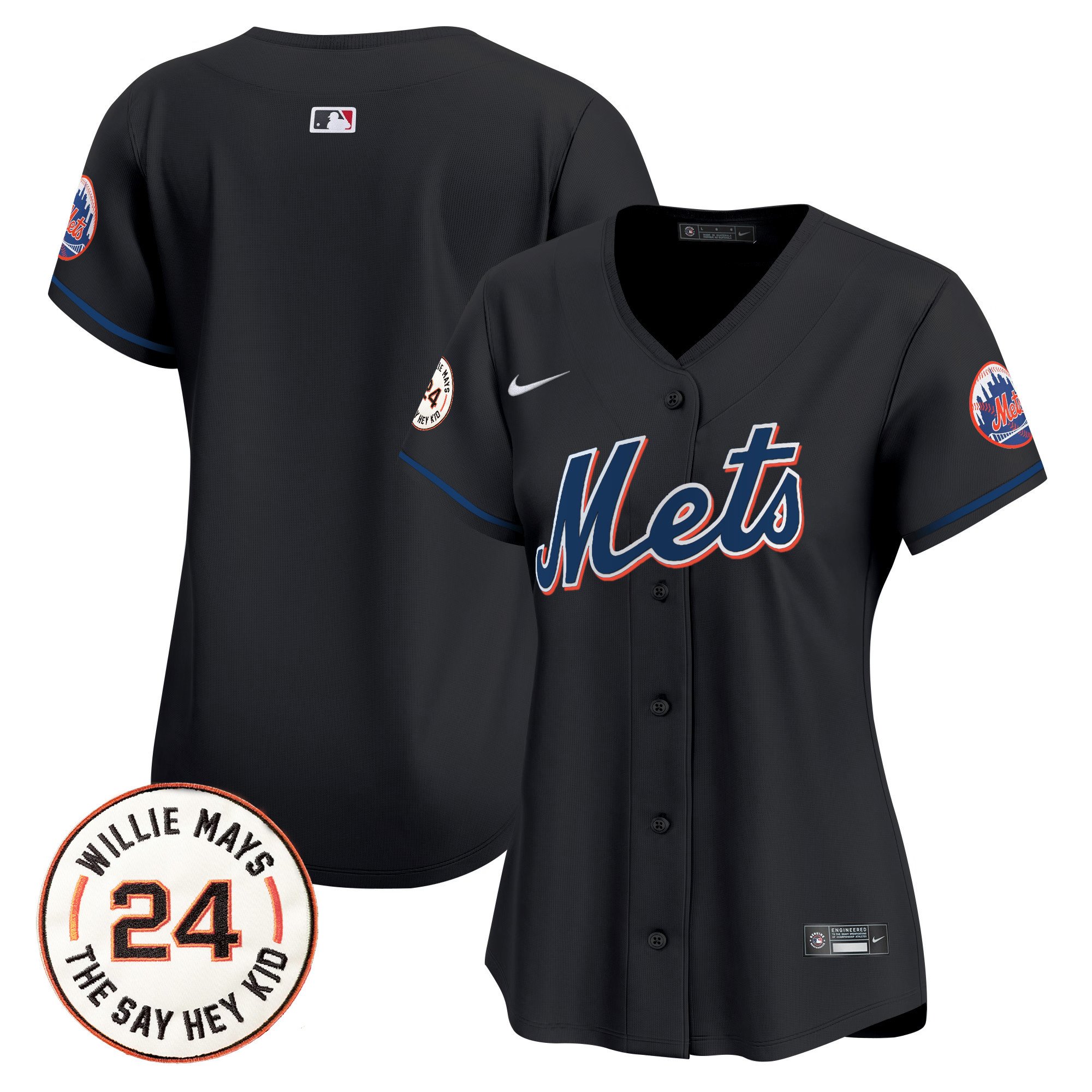 Women's New York Mets Willie Mays Patch Vapor Premier Limited Black Jersey - All Stitched