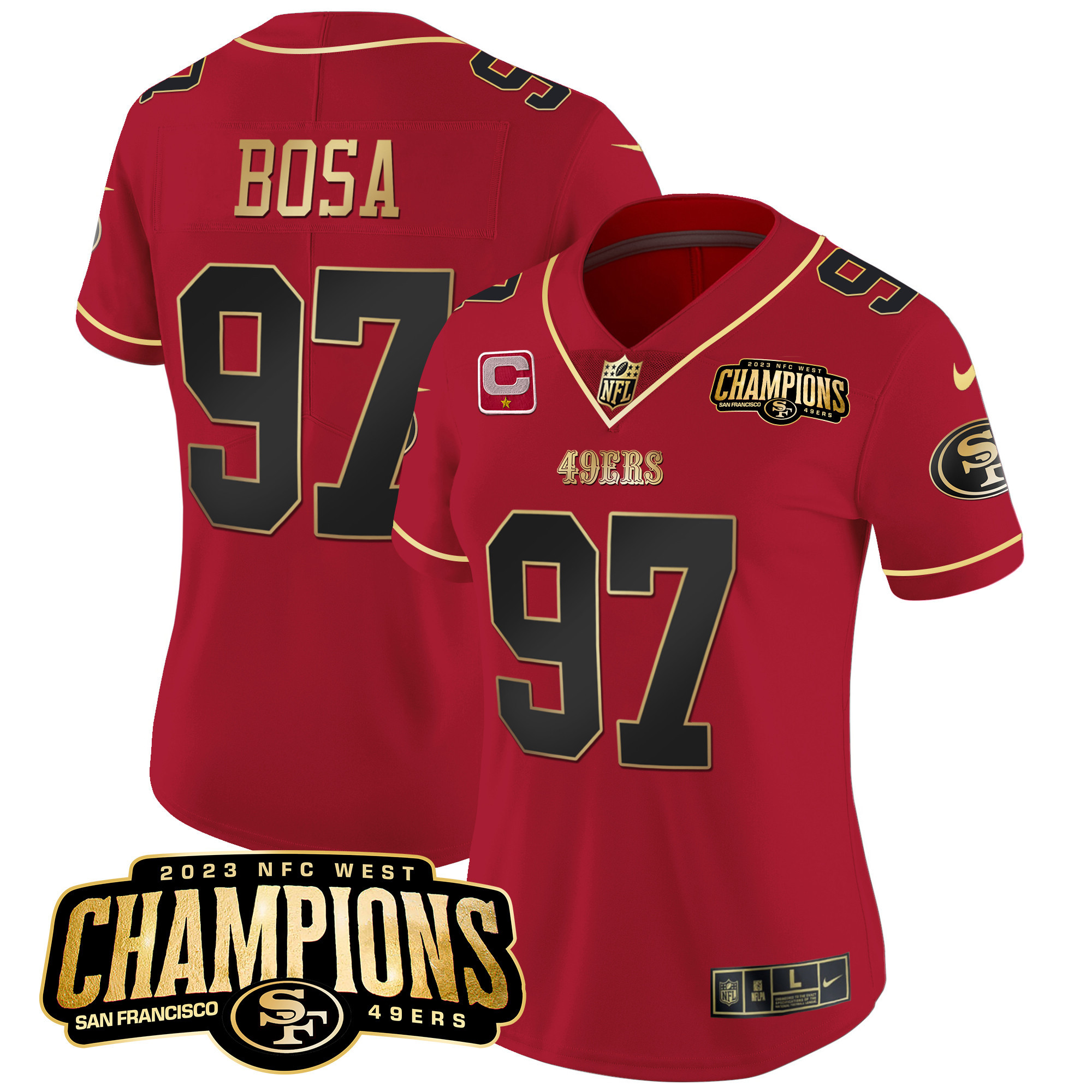 Women's Nick Bosa San Francisco 49ers 2023 NFC West Champions Patch Vapor Scarlet Limited Jersey V2 - All Stitched