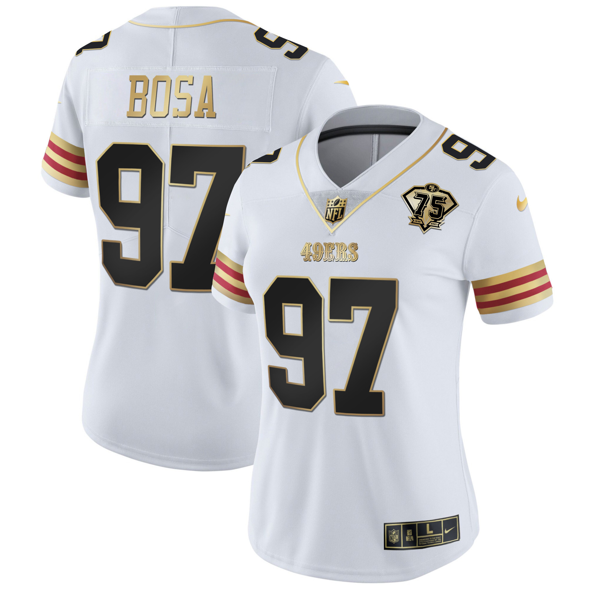 Women's Nick Bosa San Francisco 49ers 75th Anniversary Patch Vapor Gold White Gold Jersey V2 - All Stitched