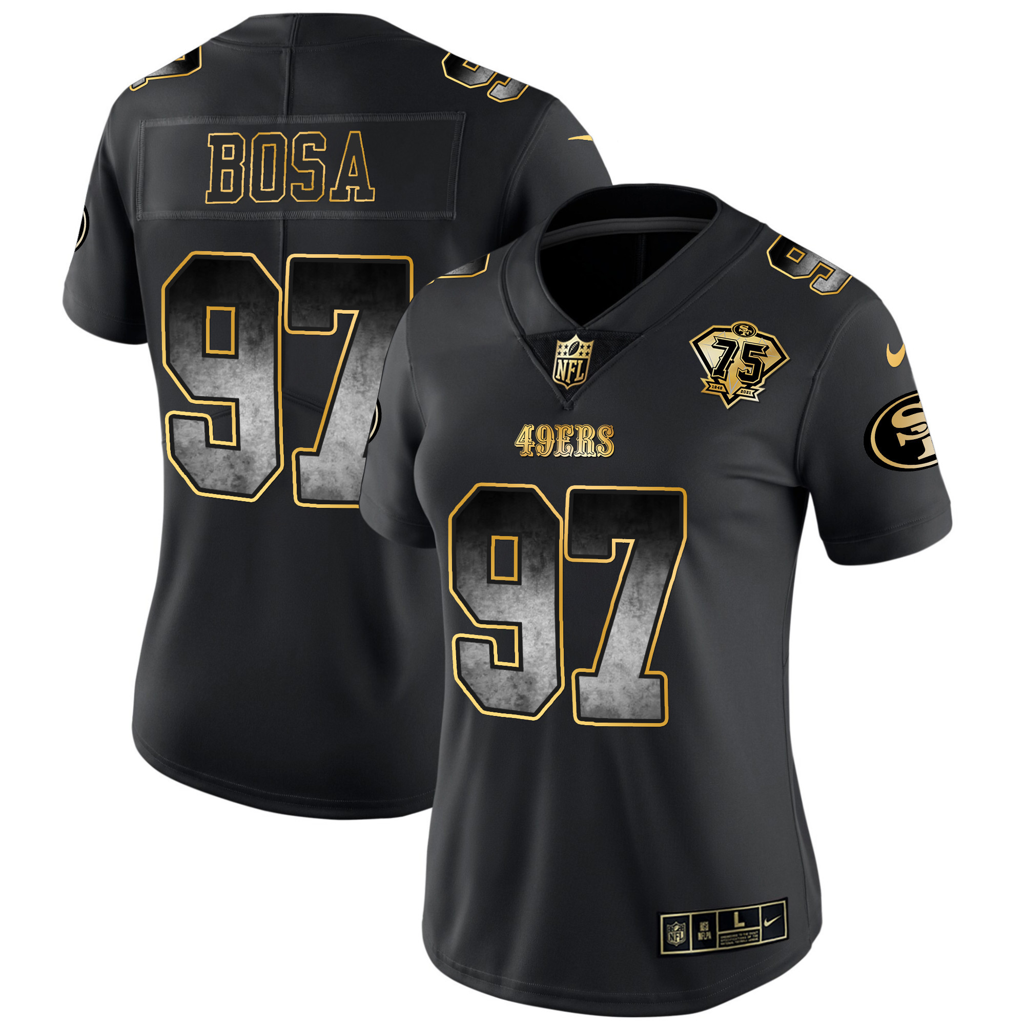 Women's Nick Bosa San Francisco 49ers Arch Smoke Vapor Black Gold Jersey - All Stitched