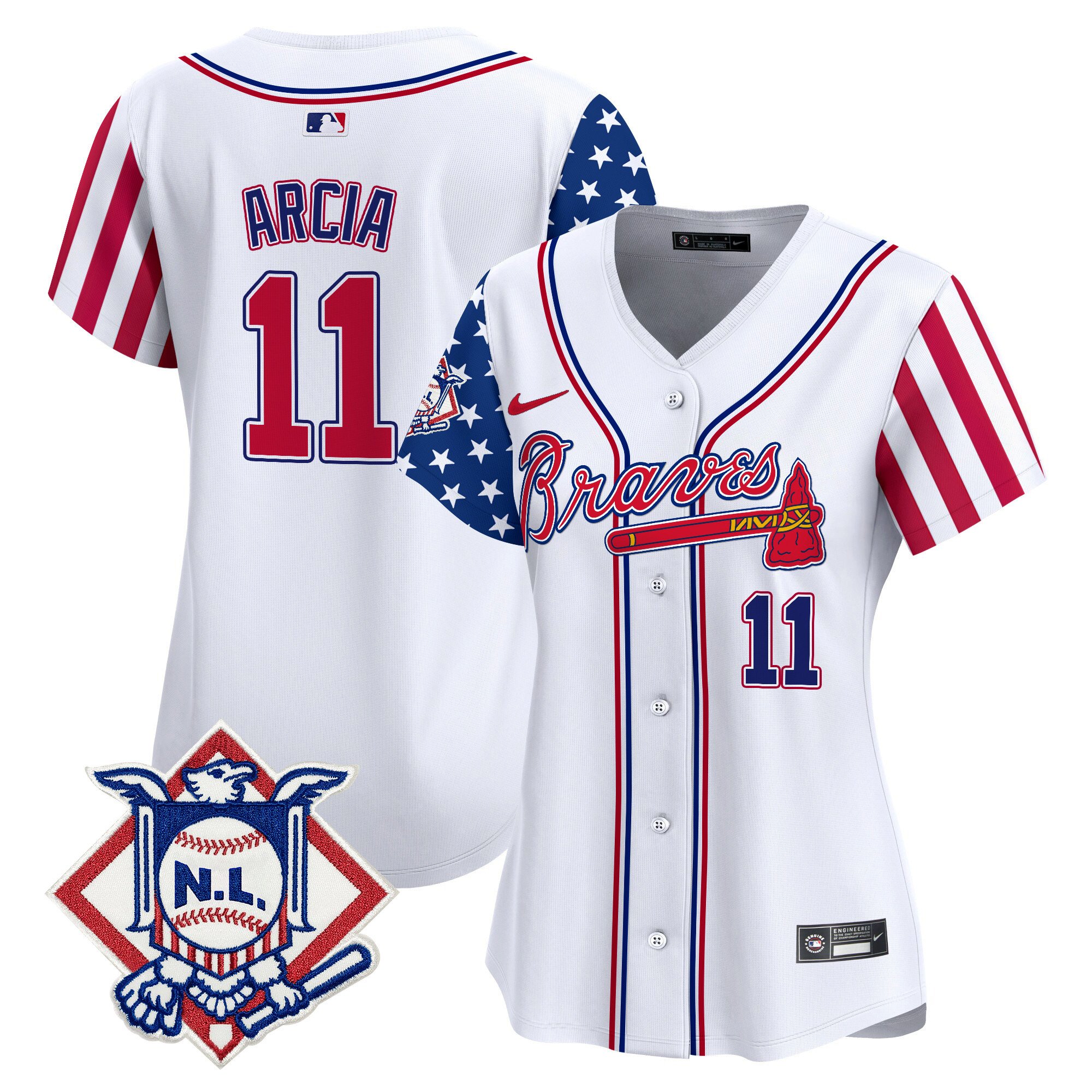Women's Orlando Arcia Atlanta Braves 2024 Fourth of July Vapor Premier Limited White Jersey V2 - All Stitched