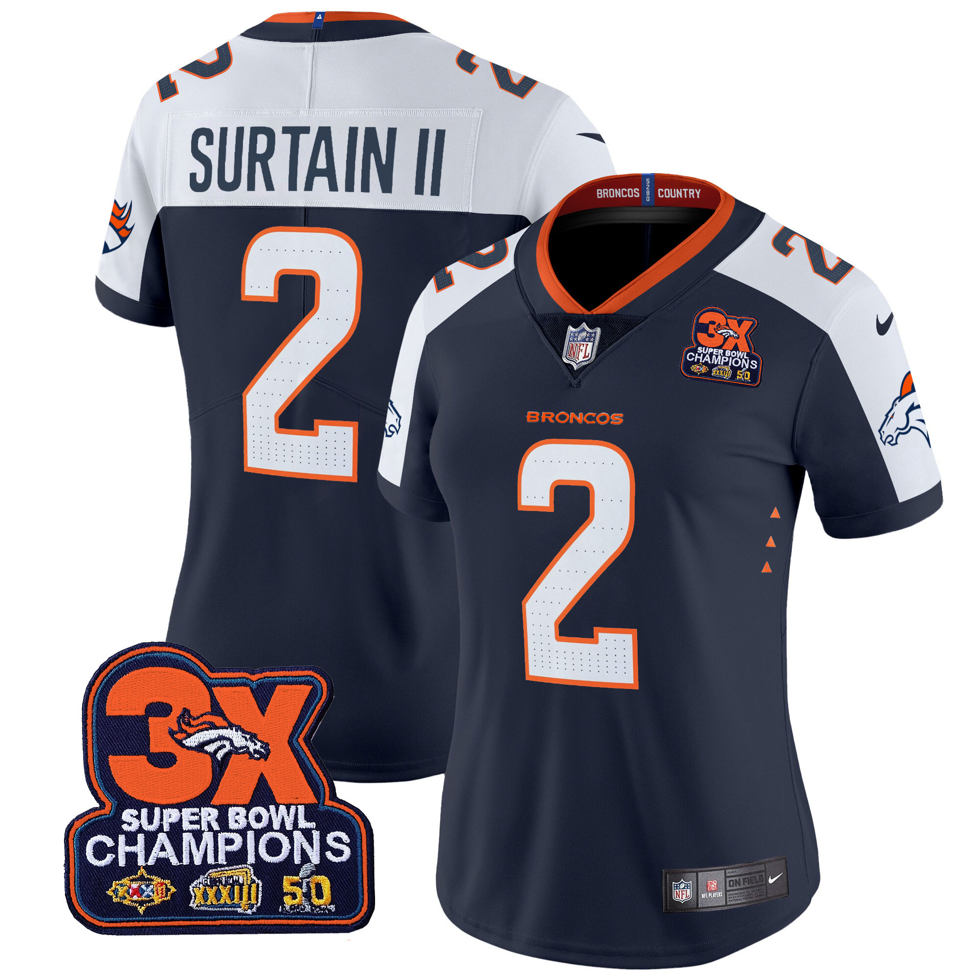 Women's Patrick Surtain II Denver Broncos 3-Time Champions Patch Vapor Limited Navy Alternate Jersey - All Stitched