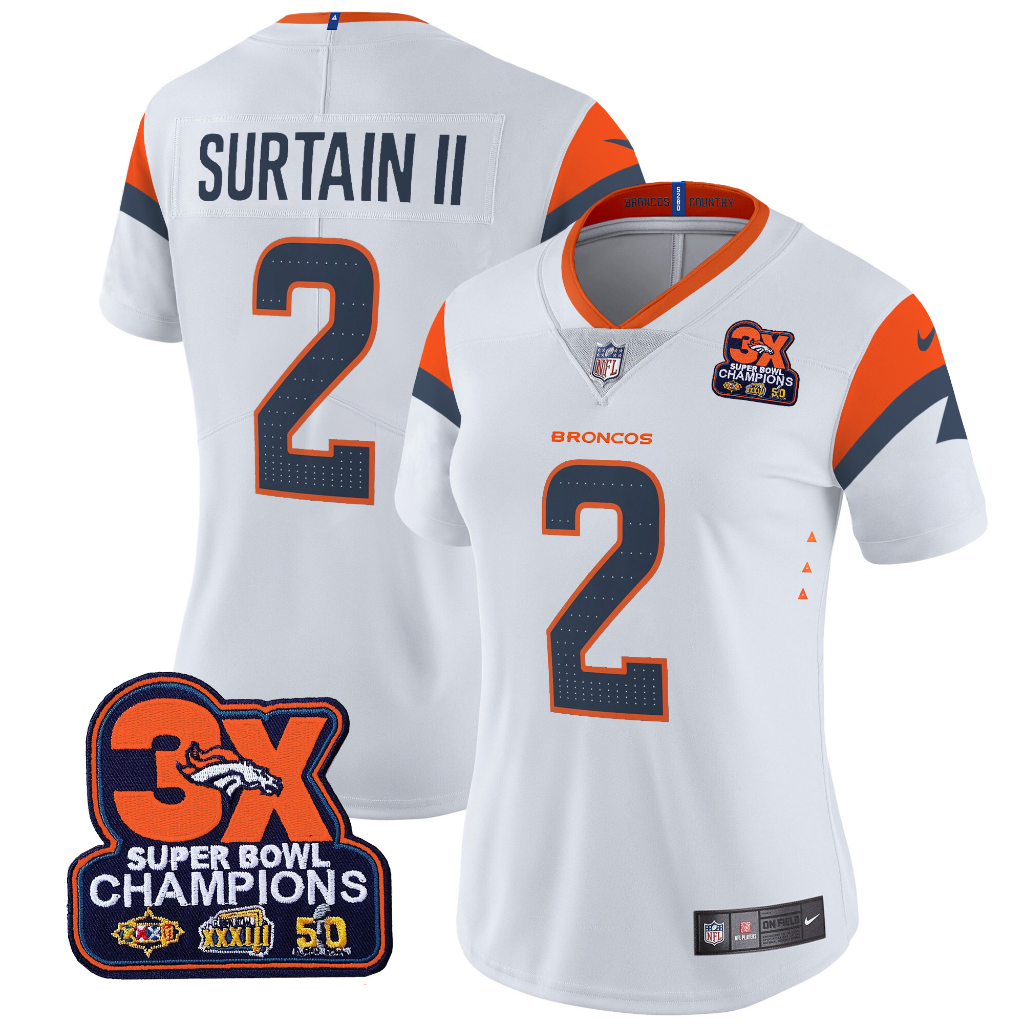 Women's Patrick Surtain II Denver Broncos 3-Time Champions Patch Vapor Limited White Jersey - All Stitched