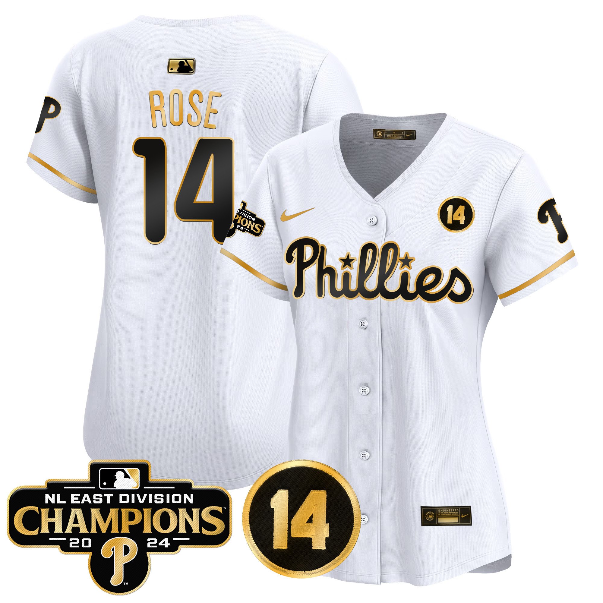 Women's Pete Rose Philadelphia Phillies 2024 NL East Division Champions & Pete Rose Patch Gold Vapor Premier Limited White Gold Jersey - All Stitched