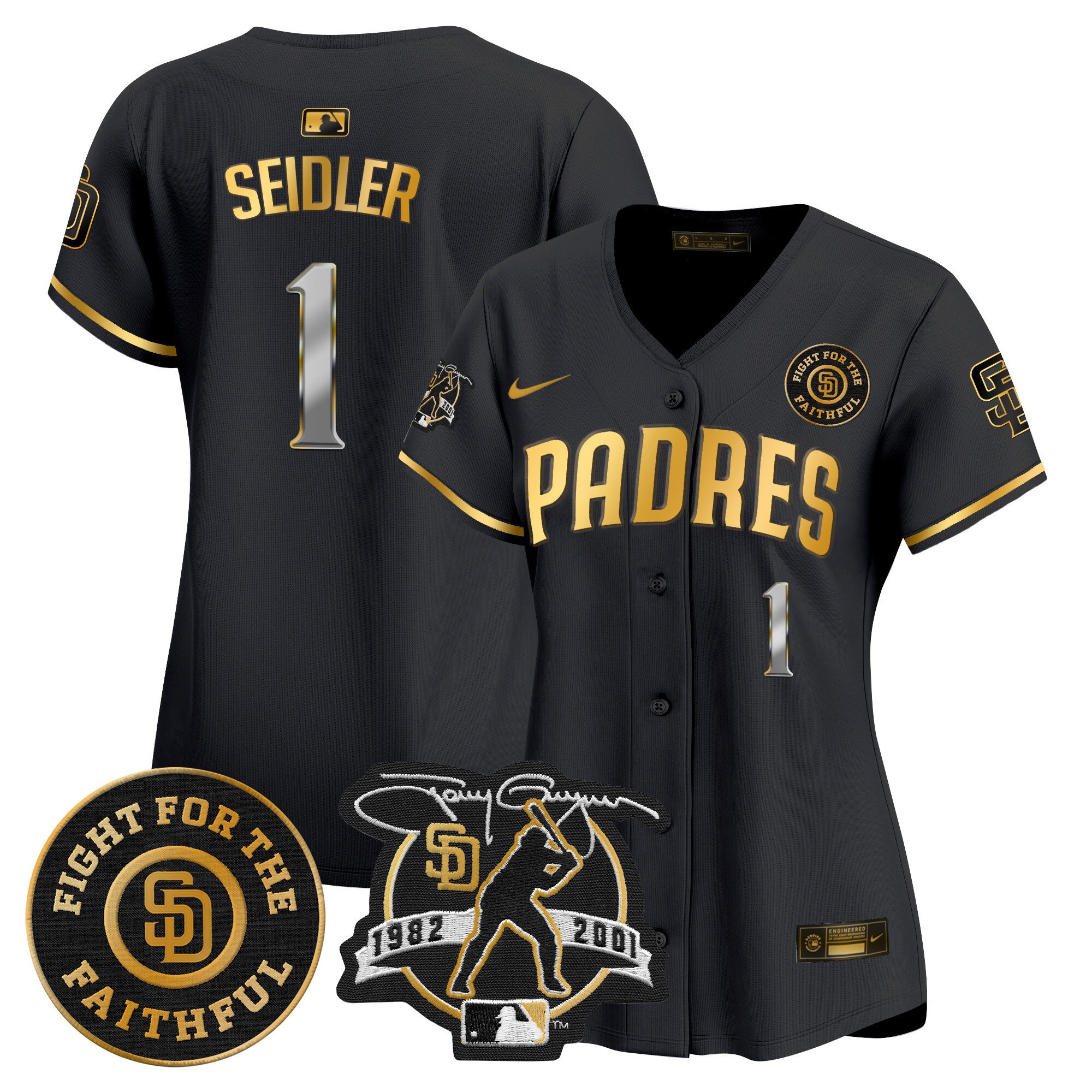 Women's Peter Seidler San Diego Padres Tony Gwynn & Faithful Patch Vapor Premier Limited Black Gold Jersey Ã± All Stitched