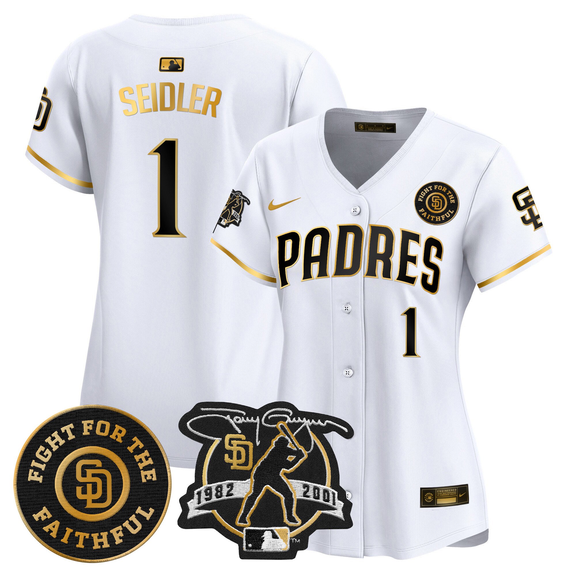 Women's Peter Seidler San Diego Padres Tony Gwynn & Faithful Patch Vapor Premier Limited White Gold Jersey Ã± All Stitched