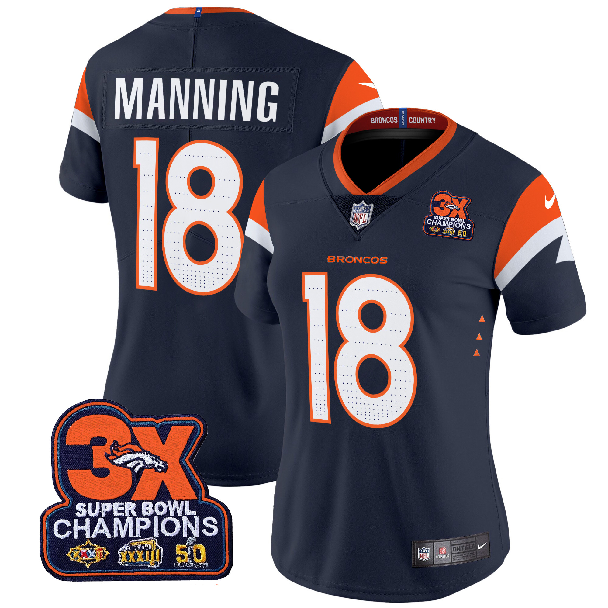 Women's Peyton Manning Denver Broncos 3-Time Champions Patch Vapor Limited Navy Jersey - All Stitched