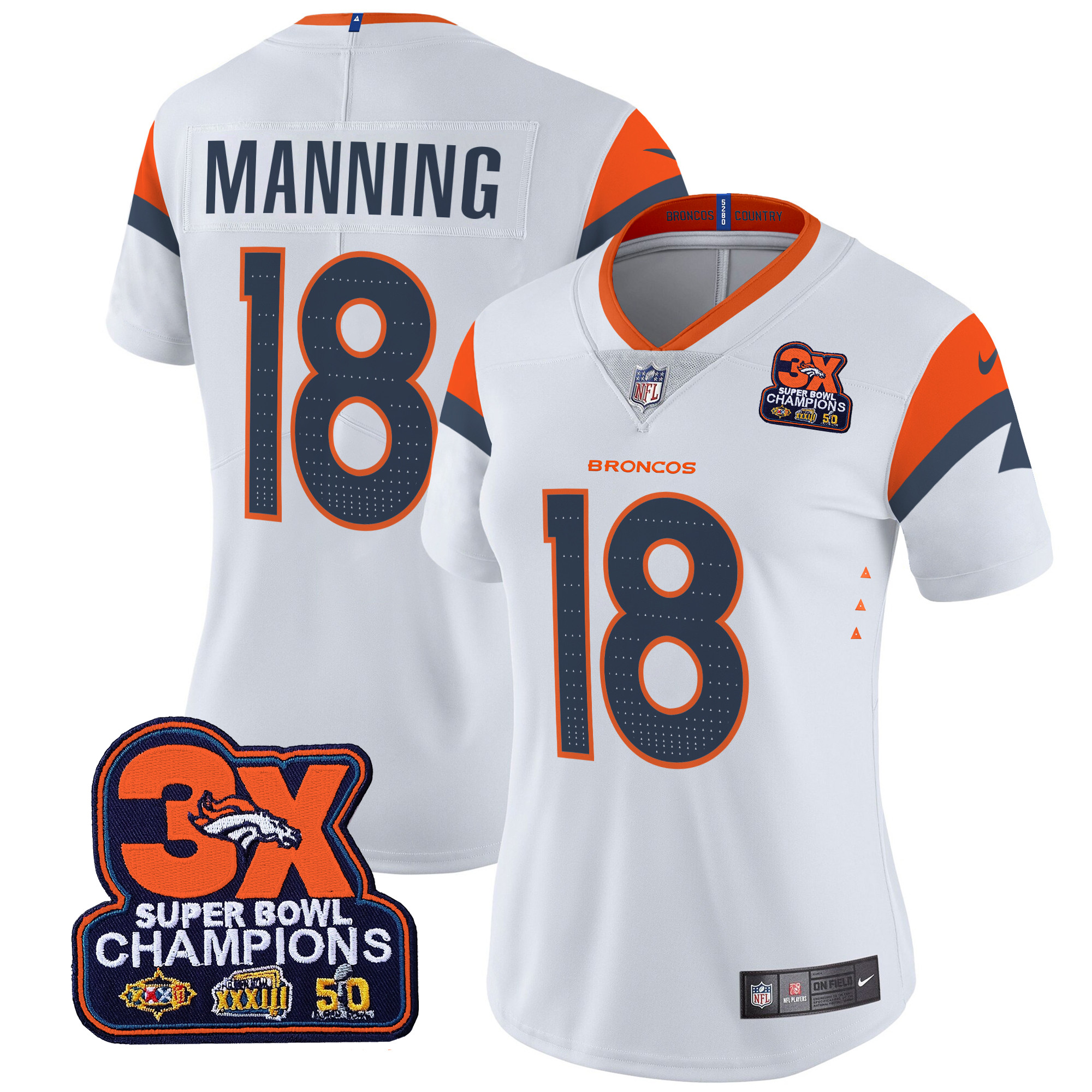Women's Peyton Manning Denver Broncos 3-Time Champions Patch Vapor Limited White Jersey - All Stitched