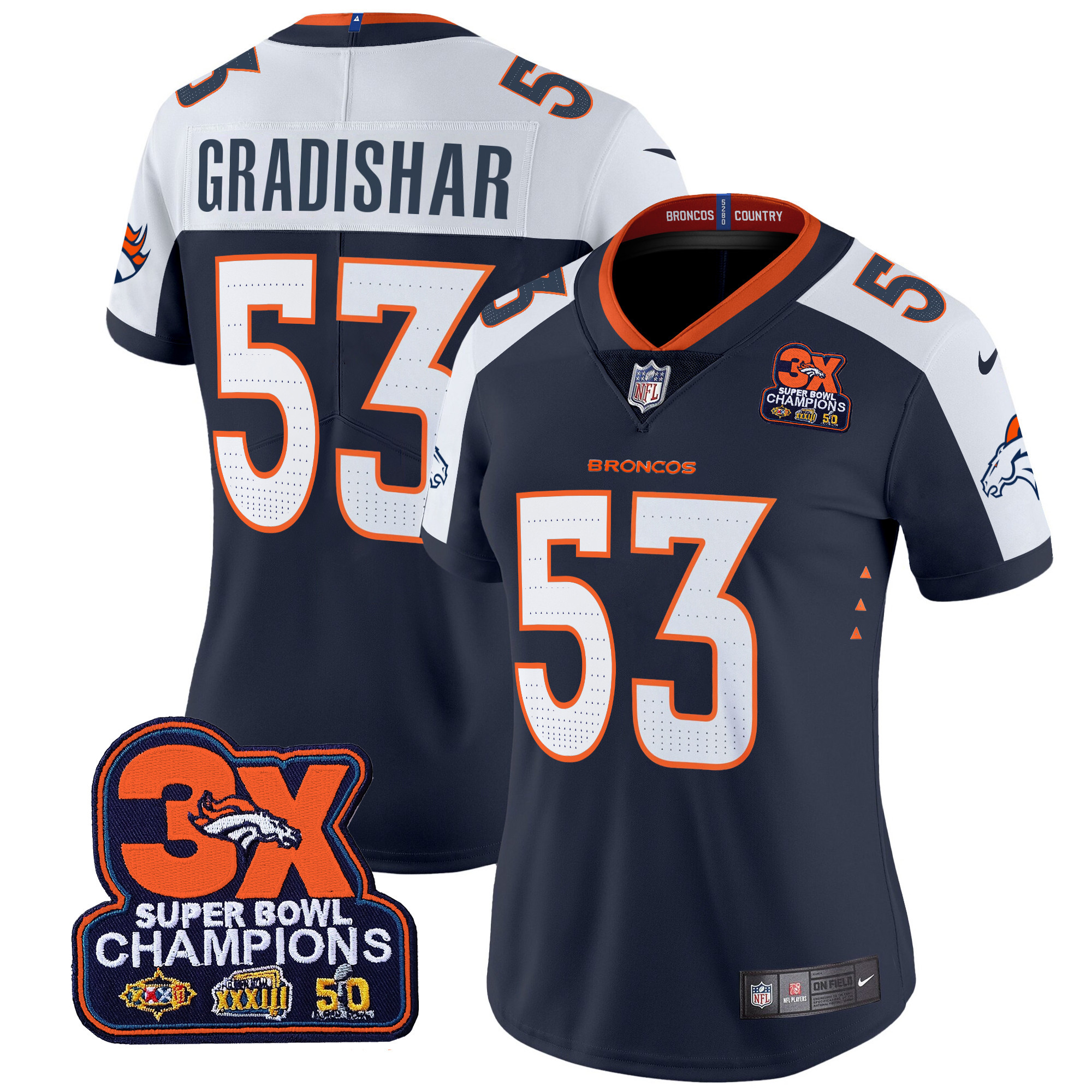 Women's Randy Gradishar Denver Broncos 3-Time Champions Patch Vapor Limited Navy Alternate Jersey - All Stitched
