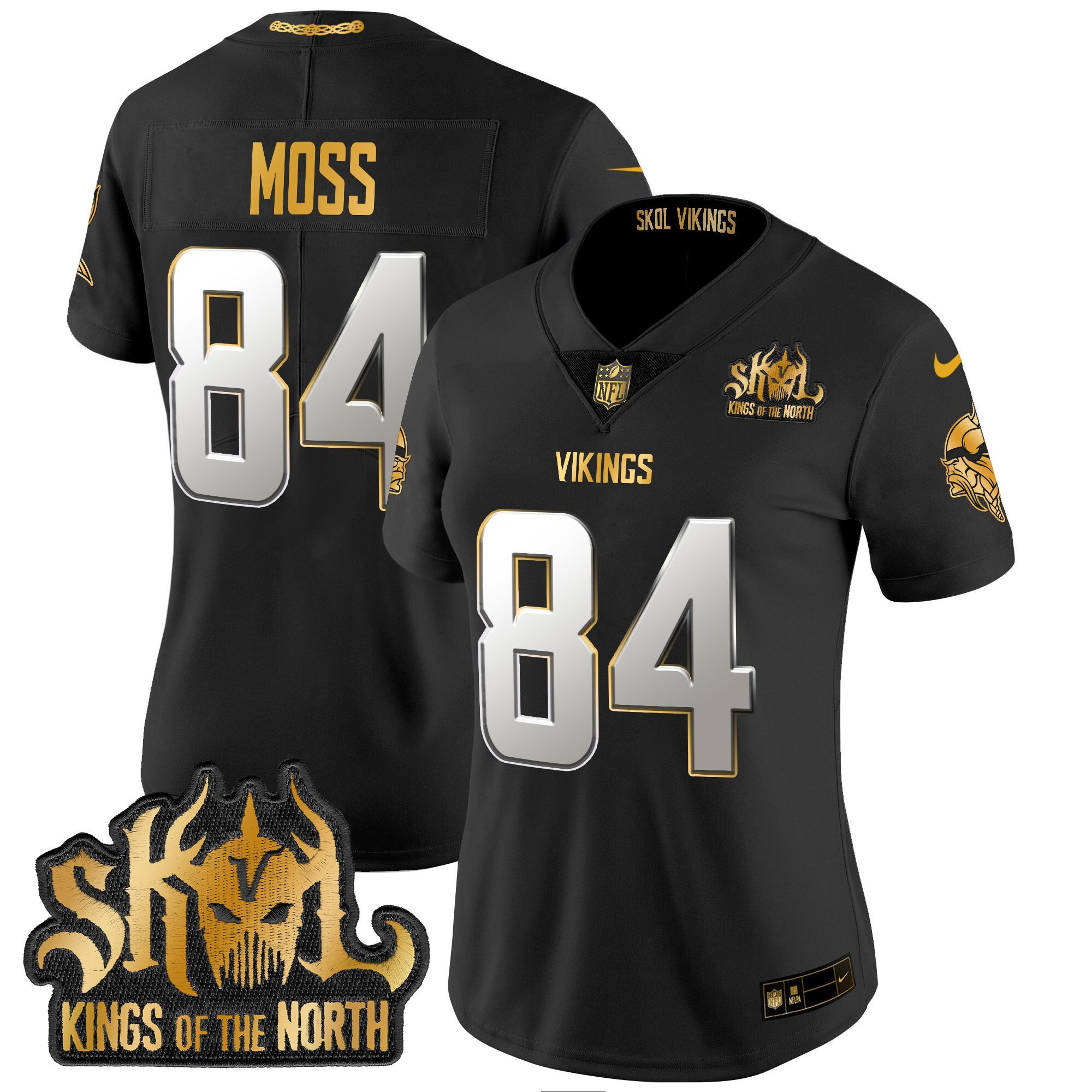 Women's Randy Moss Minnesota Vikings 2024 Winter Warrior Skol Patch Gold Vapor Limited Black Limited Jersey - All Stitched