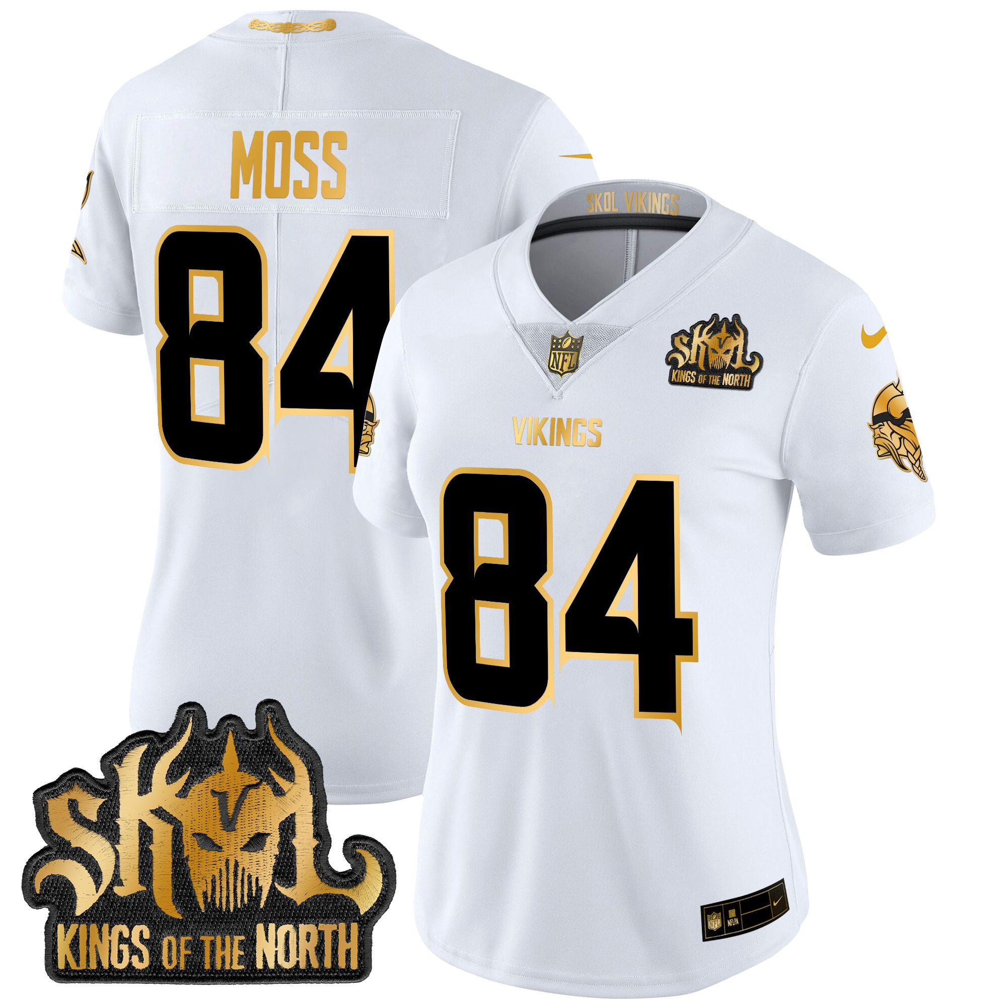 Women's Randy Moss Minnesota Vikings 2024 Winter Warrior Skol Patch Gold Vapor Limited White Gold Jersey - All Stitched