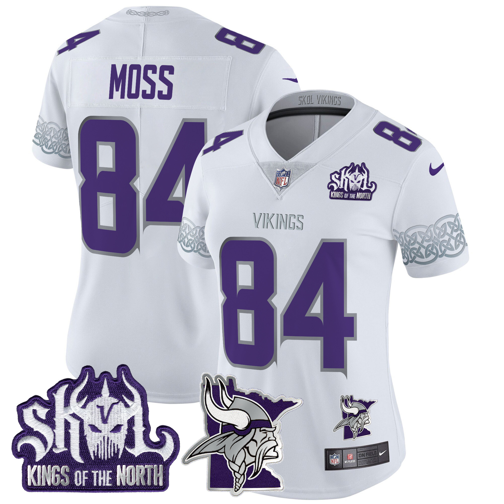 Women's Randy Moss Minnesota Vikings 2024 Winter Warrior Skol Patch Vapor Limited White Jersey V2 - All Stitched
