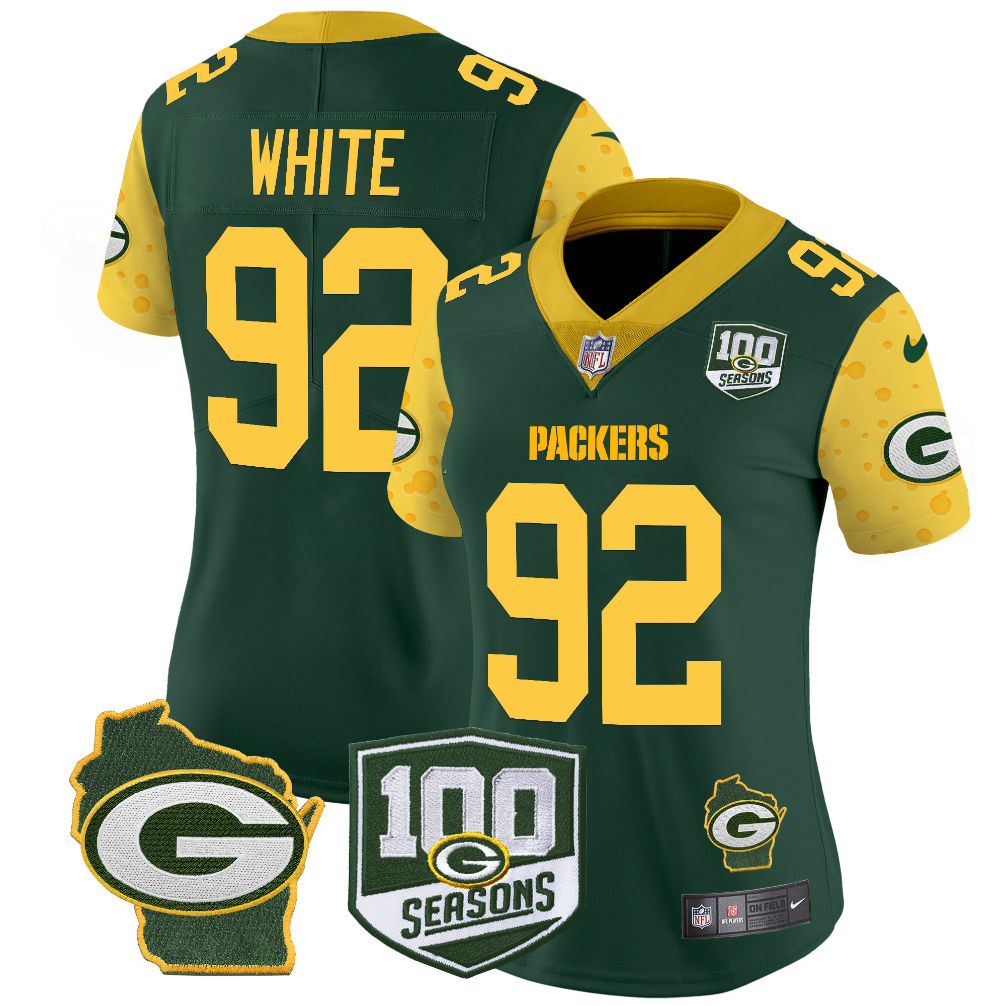 Women's Reggie White Green Bay Packers 100th Season & Home Patch Cheese Vapor Limited Green Jersey â€“ All Stitched