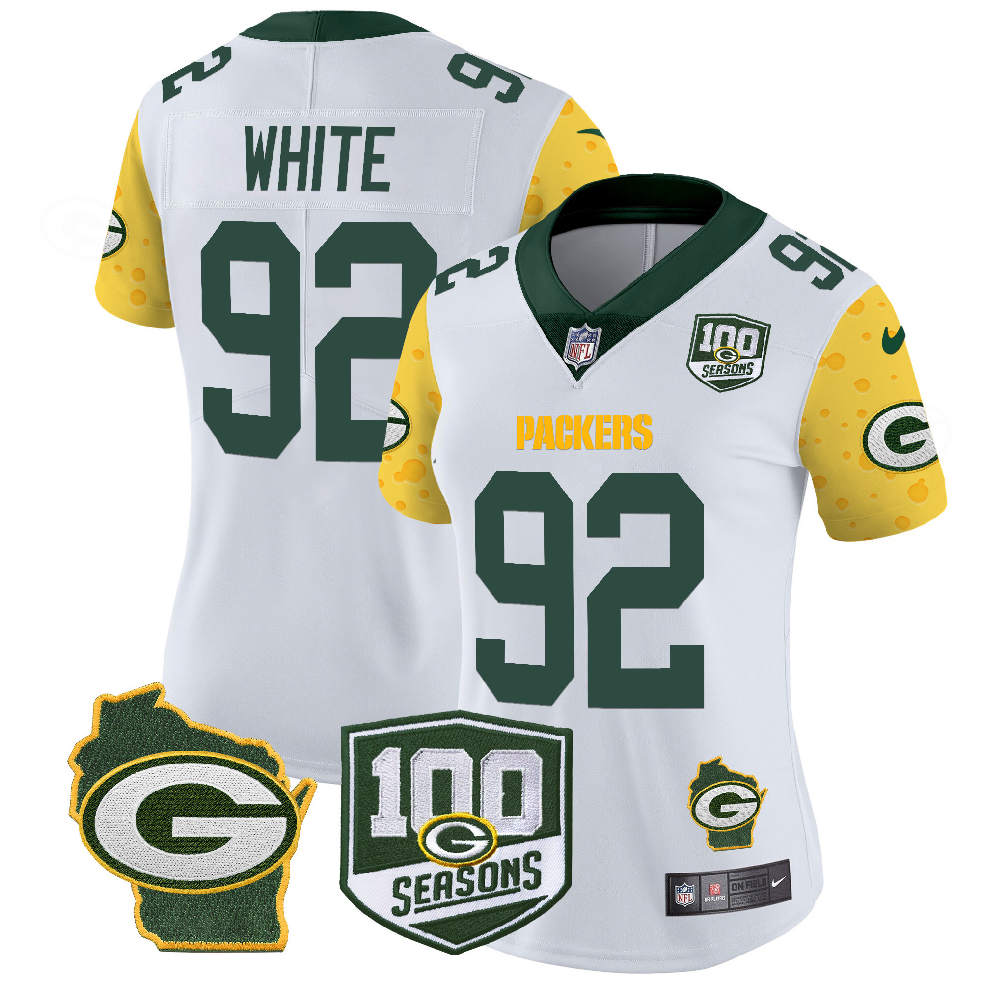 Women's Reggie White Green Bay Packers 100th Season & Home Patch Cheese Vapor Limited White Jersey â€“ All Stitched