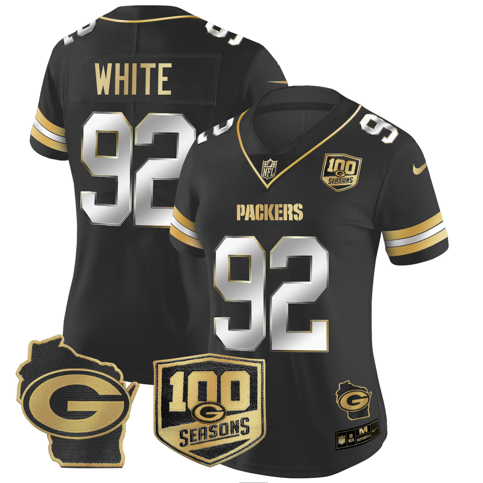 Women's Reggie White Green Bay Packers 100th Season & Home Patch Gold Vapor Limited Black Limited Jersey â€“ All Stitched