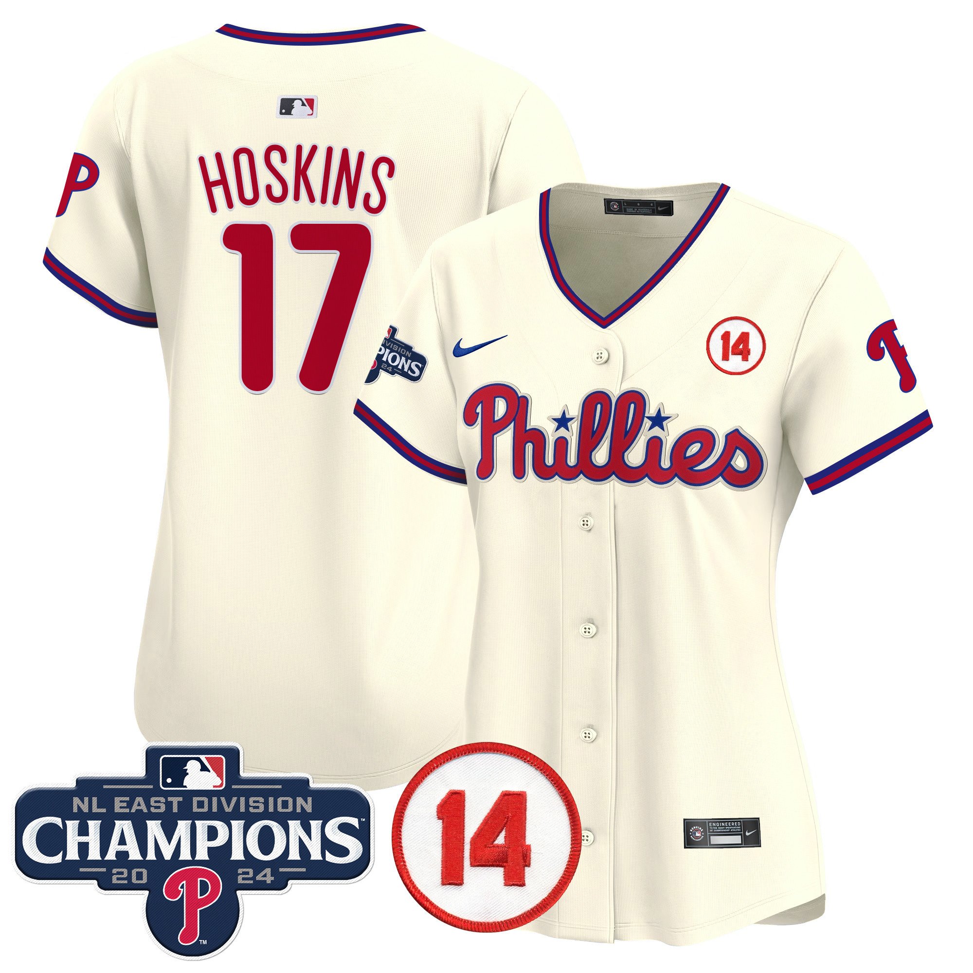 Women's Rhys Hoskins Philadelphia Phillies 2024 NL East Division Champions & Pete Rose Patch Gold Vapor Premier Limited Cream Jersey - All Stitched