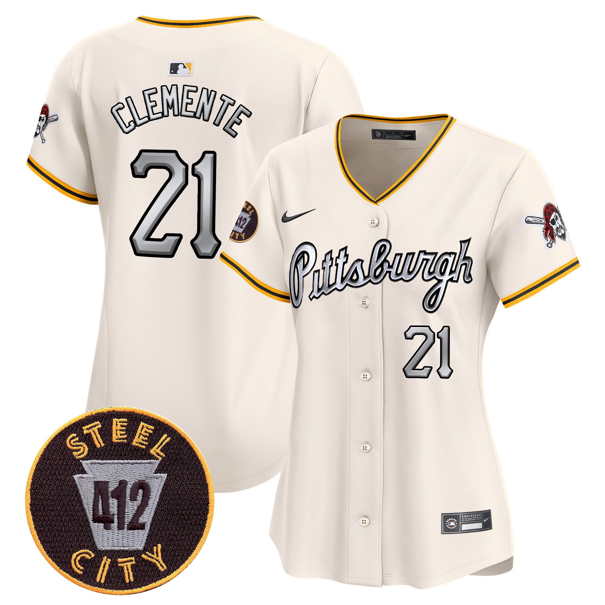Women's Roberto Clemente Pittsburgh Pirates 412 Patch Vapor Premier Limited Cream Jersey V7 - All Stitched