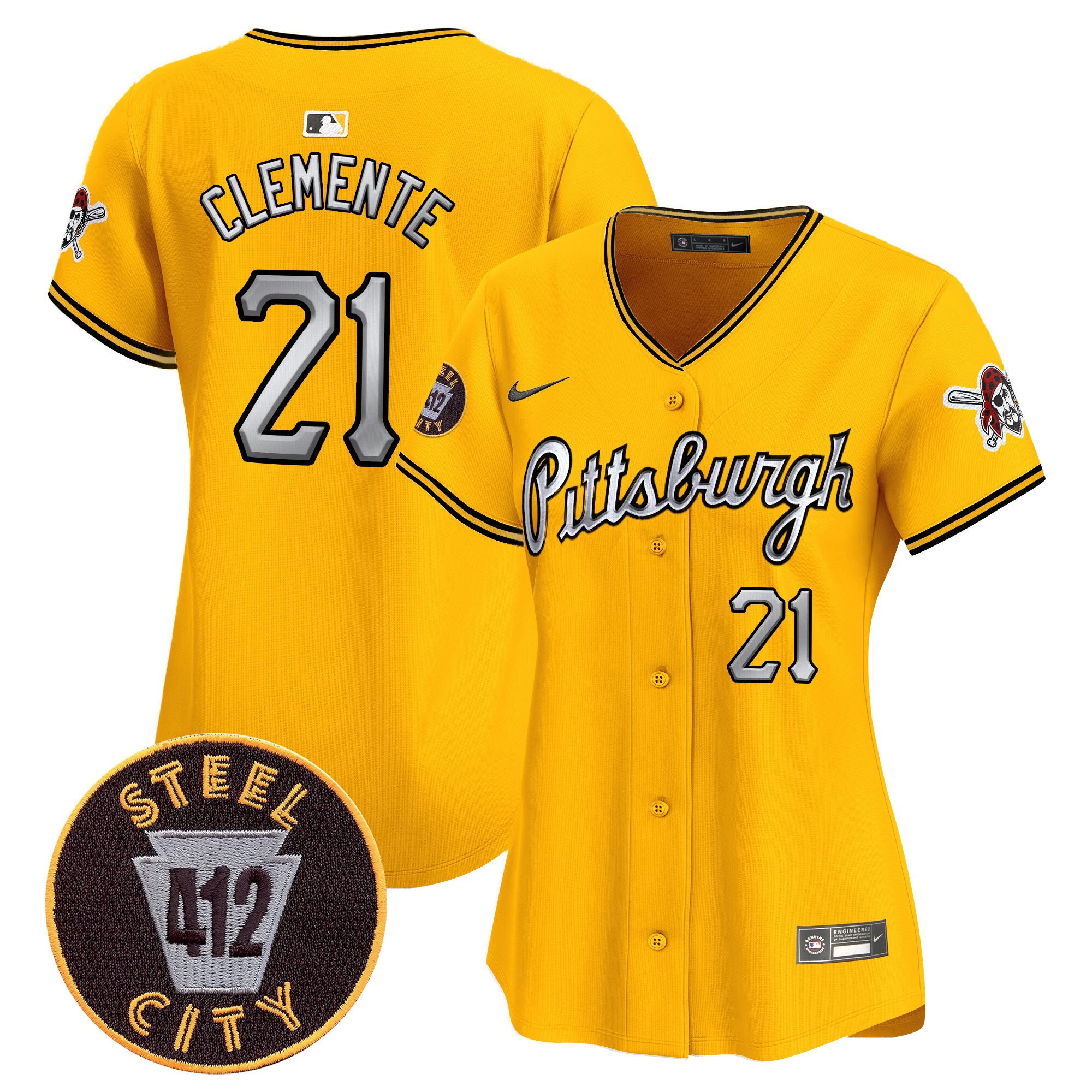 Women's Roberto Clemente Pittsburgh Pirates 412 Patch Vapor Premier Limited Gold Jersey V7 - All Stitched