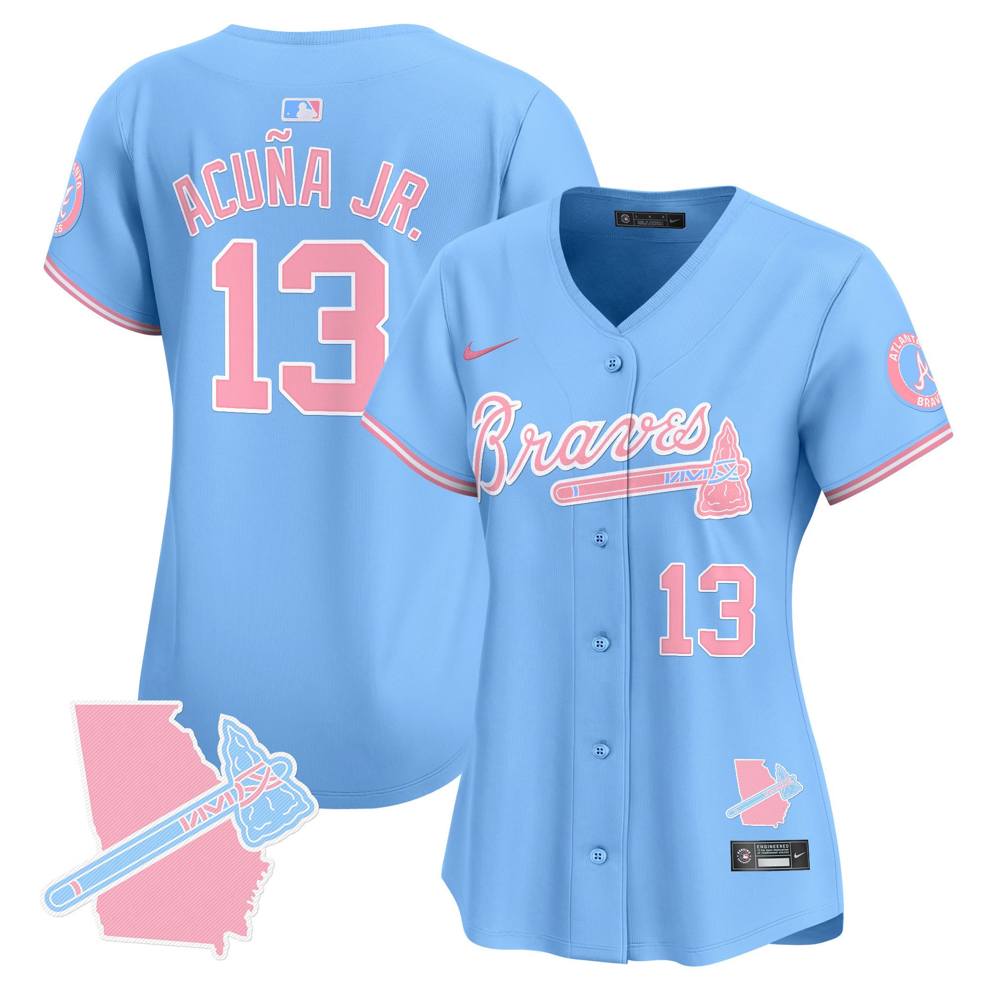 Women's Ronald Acuna Jr. Atlanta Braves Bubblegum Pink Vapor Premier Limited Light Blue Jersey - All Stitched