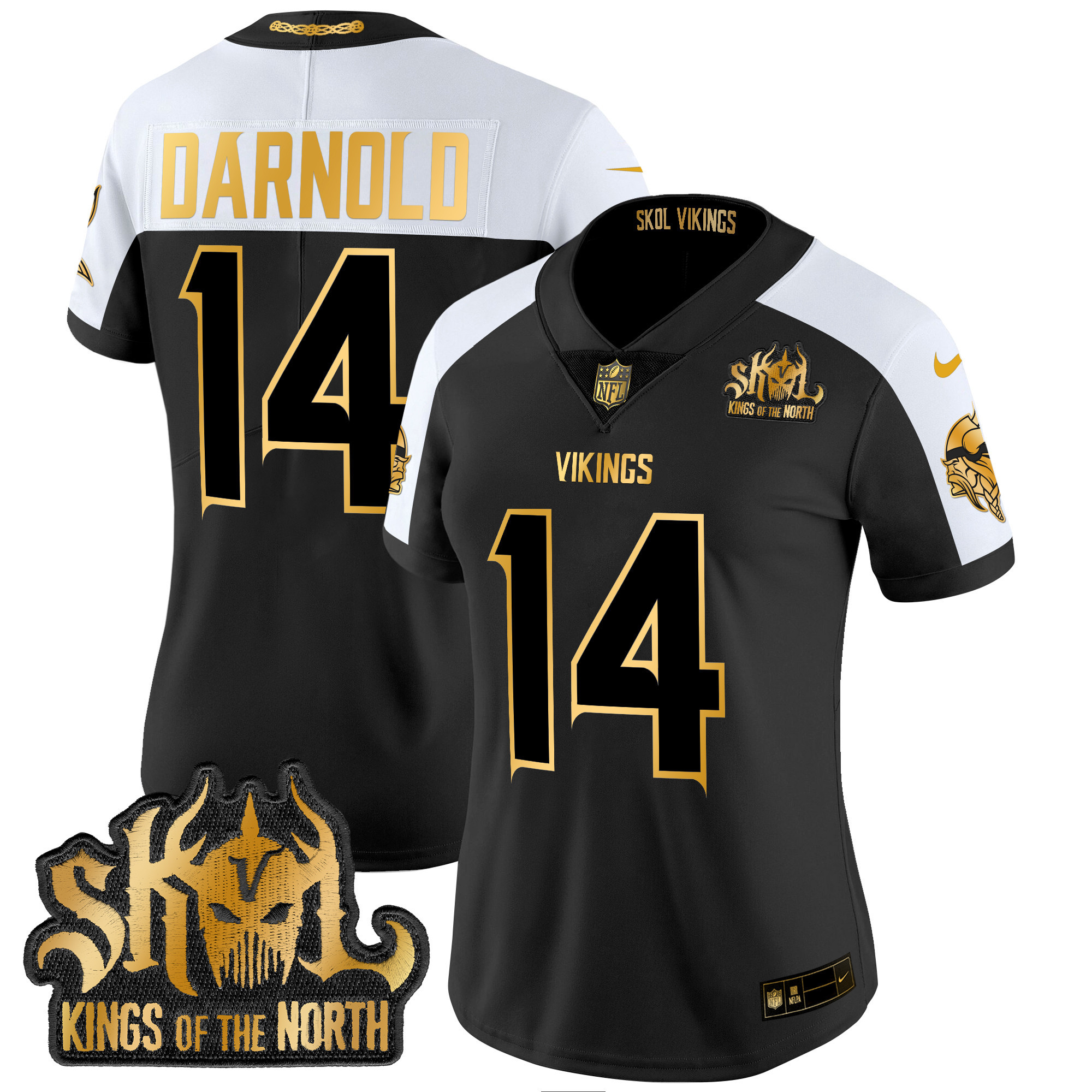 Women's Sam Darnold Minnesota Vikings 2024 Winter Warrior Skol Patch Gold Vapor Limited Alternate Jersey - All Stitched