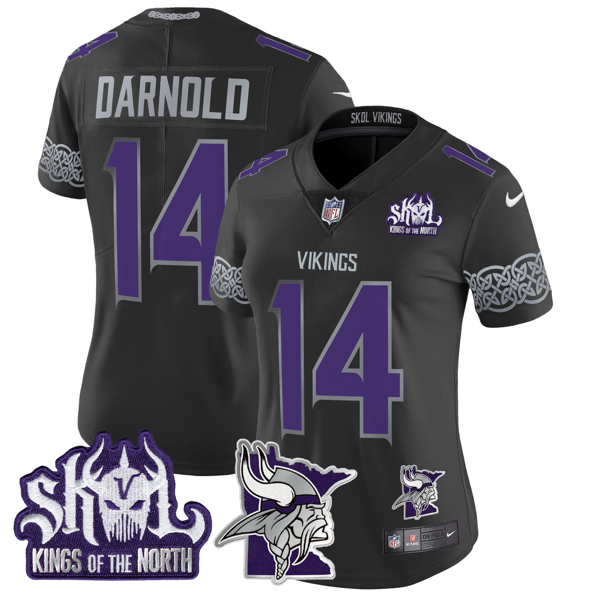 Women's Sam Darnold Minnesota Vikings 2024 Winter Warrior Skol Patch Vapor Limited Black Jersey V2 - All Stitched